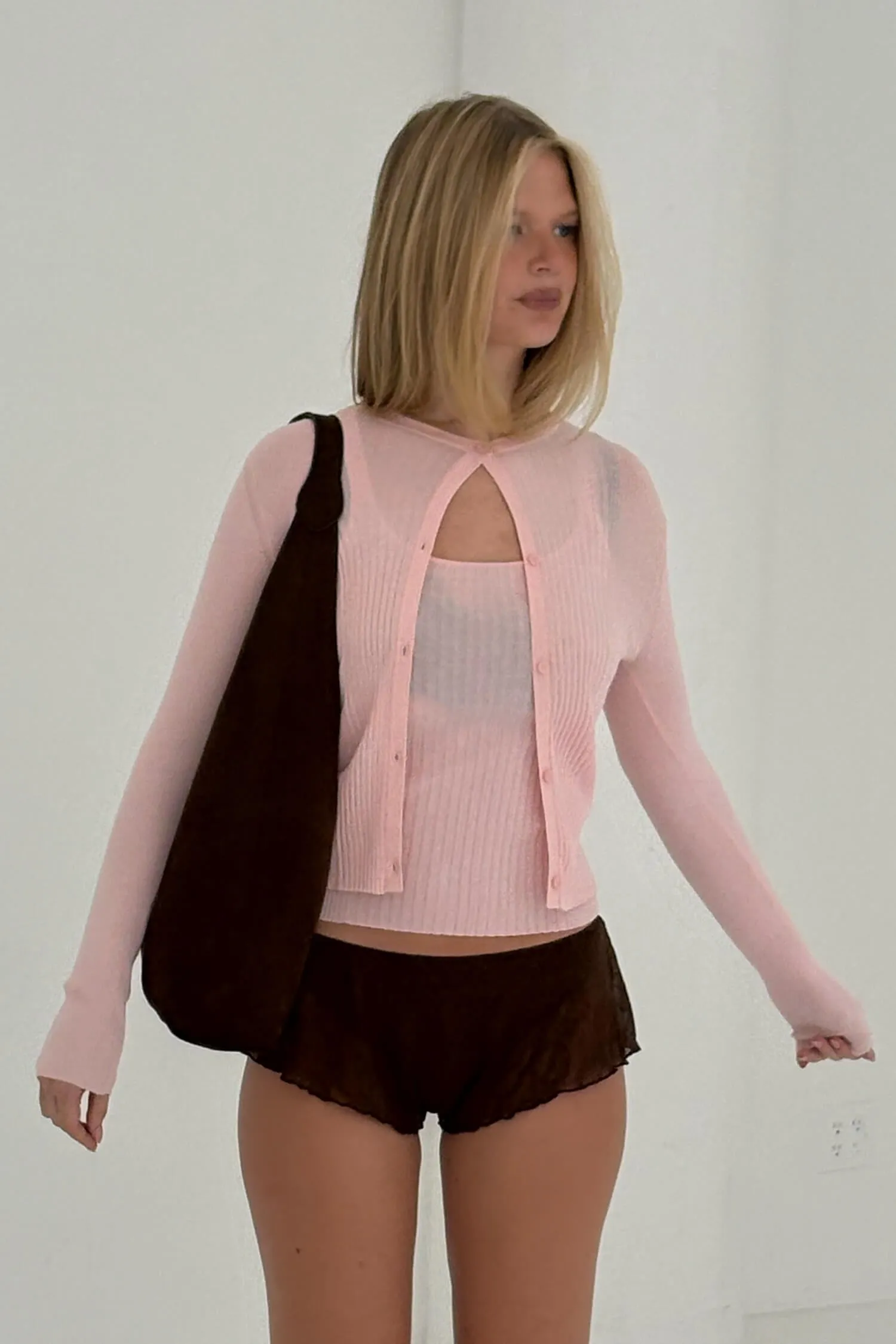 Ribbed Knit Cardigan Powder Pink sold by Maison Rogue product image thumbnail 5