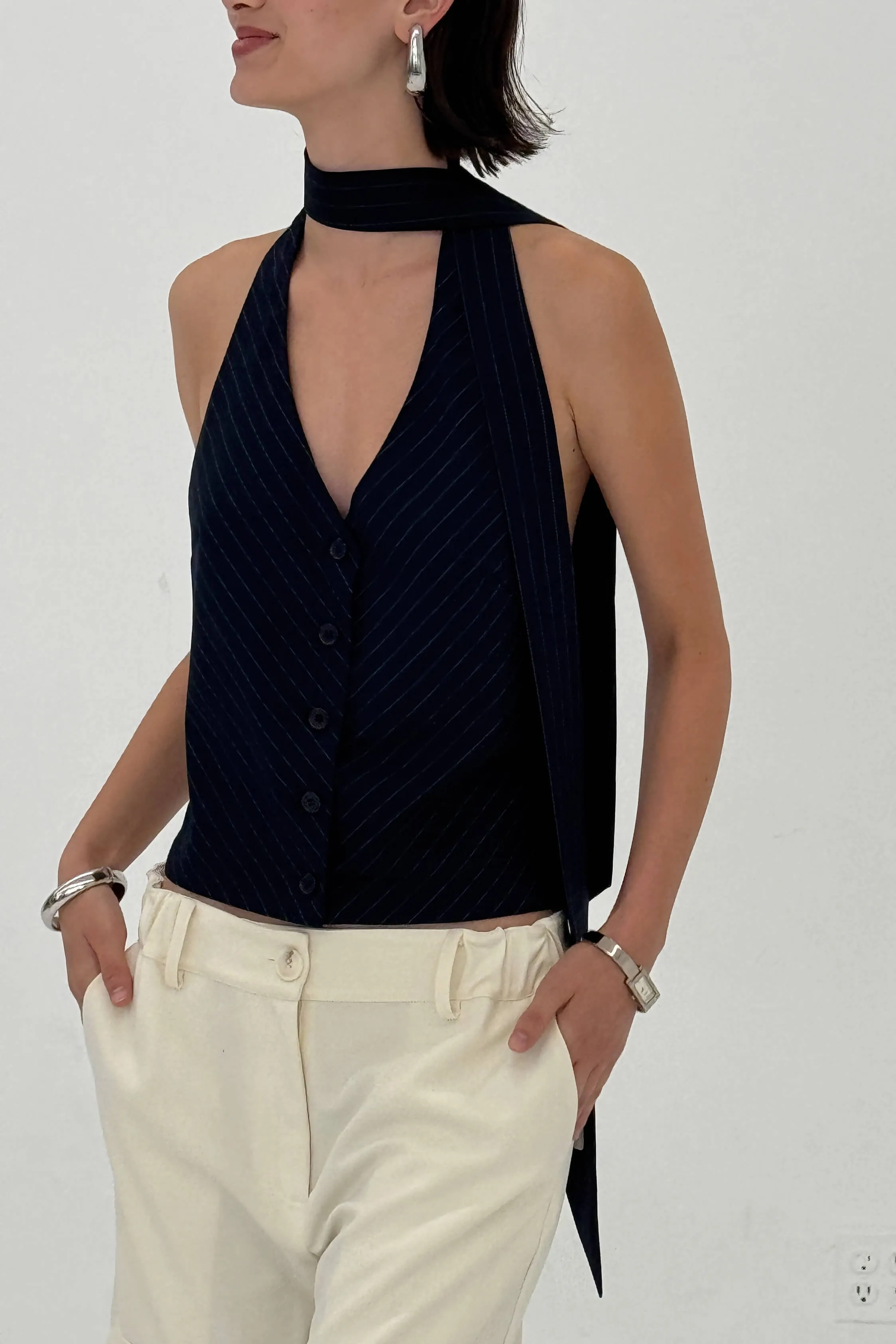 Chad Tie-Neck Halter Top Navy sold by Maison Rogue product image thumbnail 3