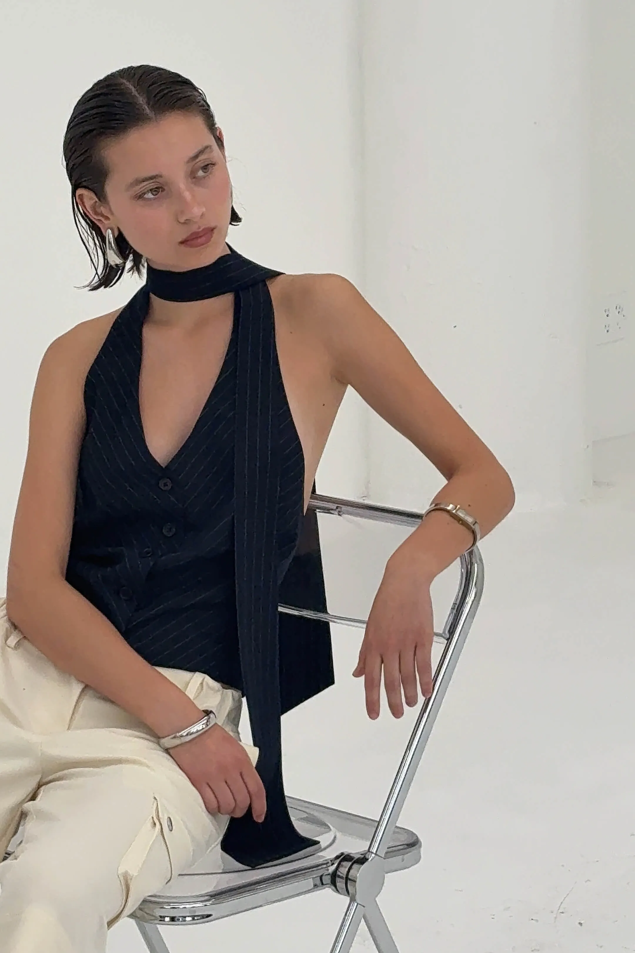 Chad Tie-Neck Halter Top Navy sold by Maison Rogue product image thumbnail 5