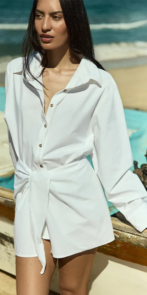 L.A. Button-Down Wrap Mini Dress in Stretch Cotton sold by Maison Rogue product image thumbnail 2