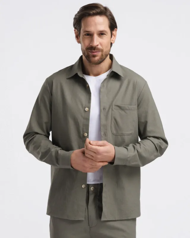 Premium Linen Overshirt Olive sold by MediumTall