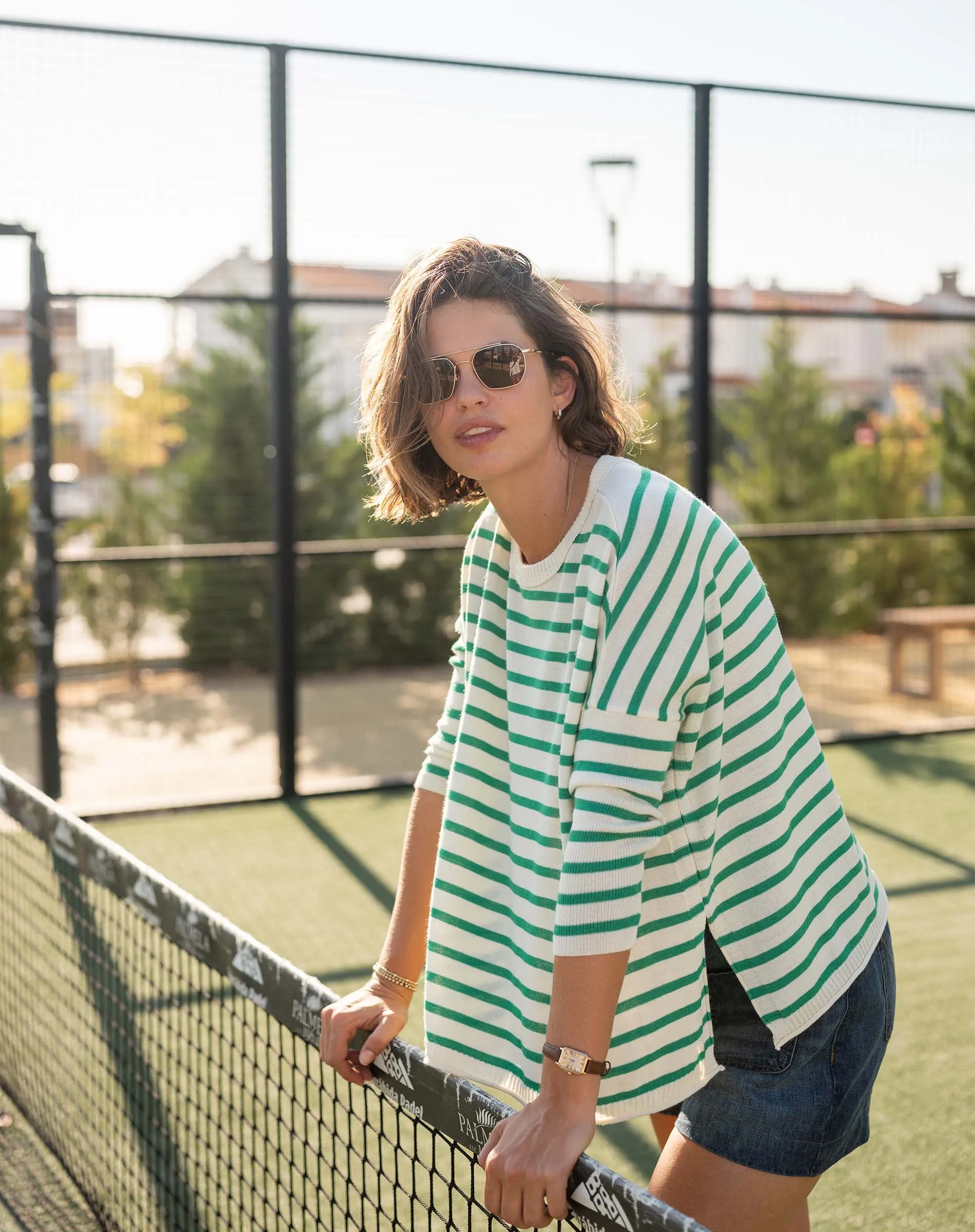 Catalina Sweater - White/Kelly Green Stripe sold by Mersea