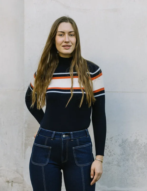 Cashmere Mix Brown, Teal and Moss Green Stripe High Neck Jumper made by Mirla Beane
