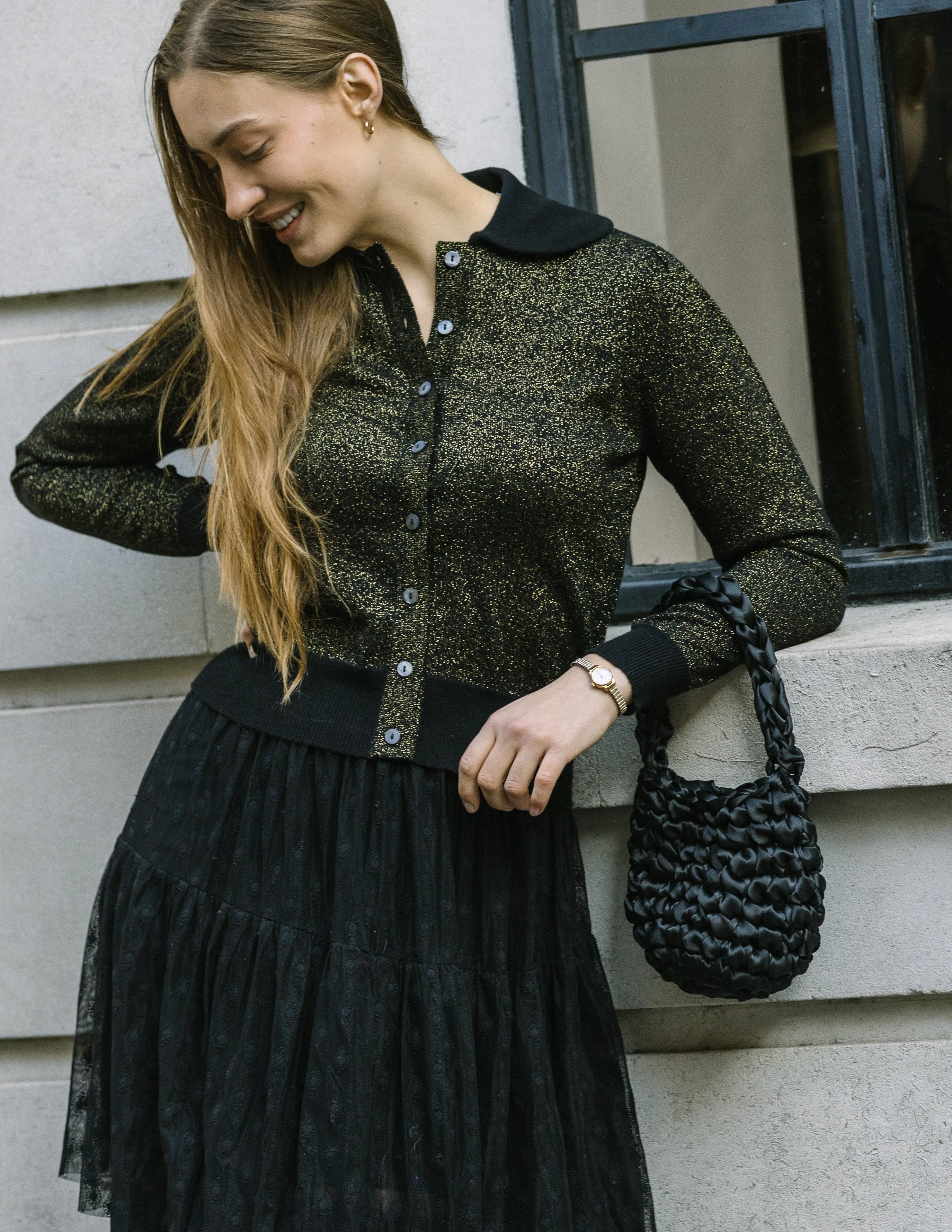 Cashmere Mix Lurex Cardigan with Collar Black / Gold sold by Mirla Beane