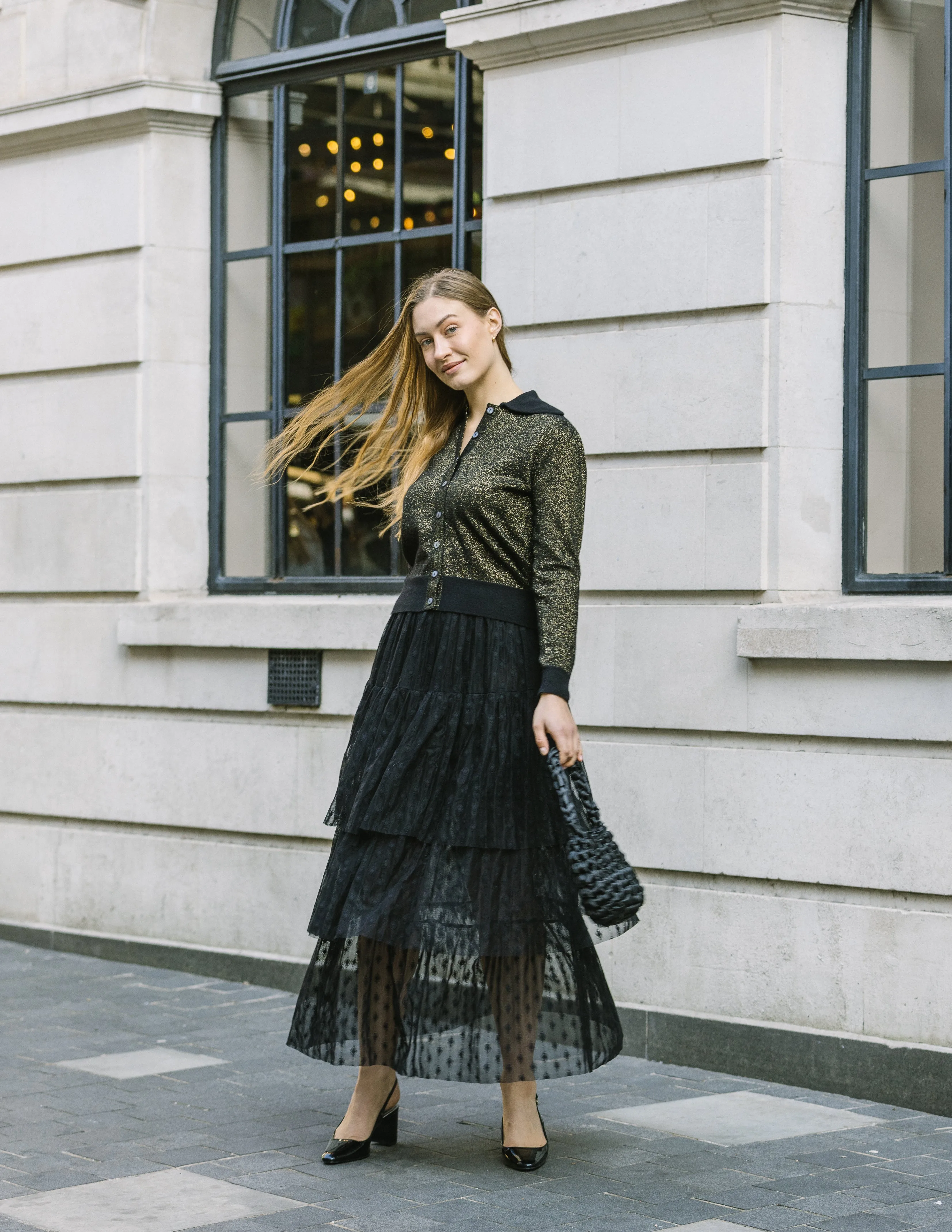 Cashmere Mix Lurex Cardigan with Collar Black / Gold sold by Mirla Beane product image thumbnail 3