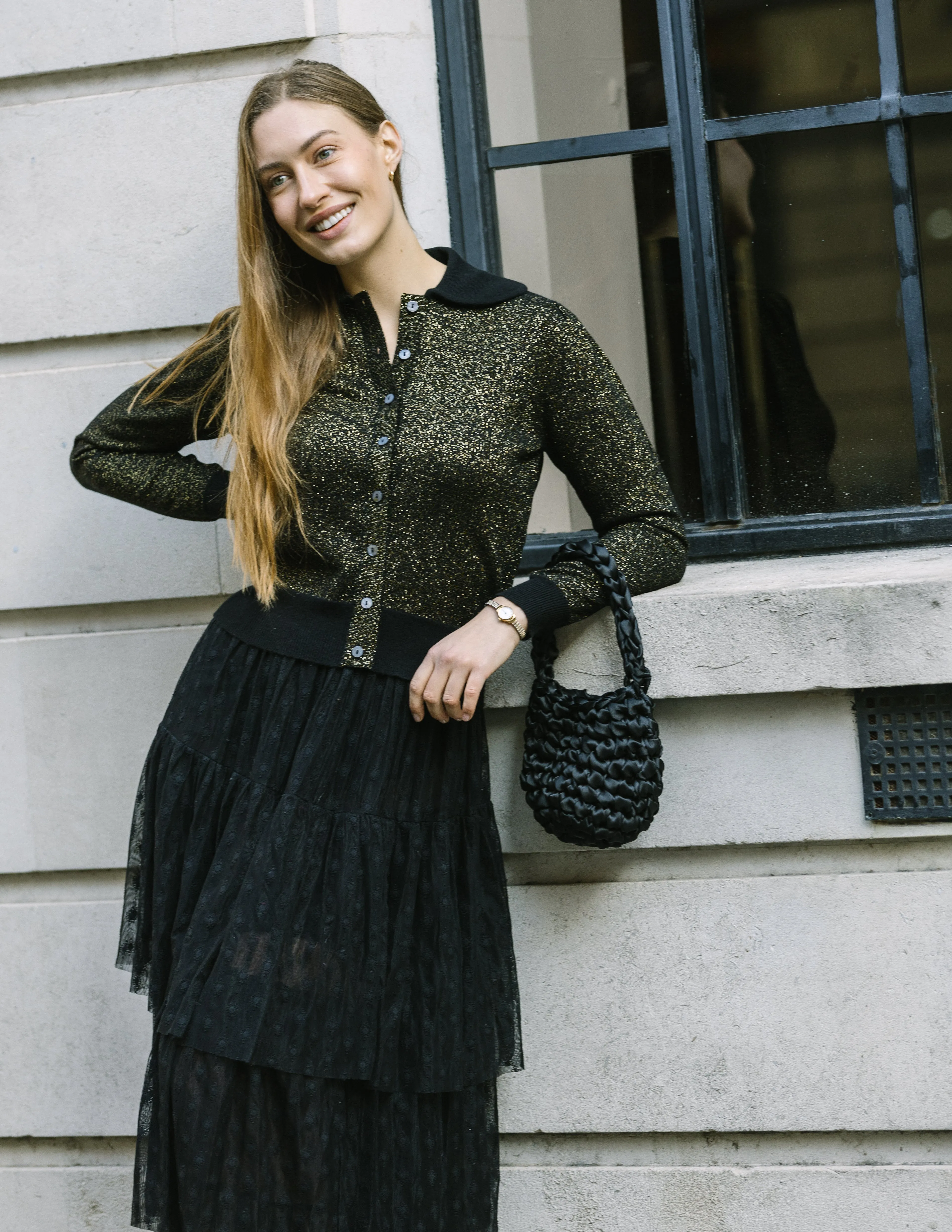 Cashmere Mix Lurex Cardigan with Collar Black / Gold sold by Mirla Beane product image thumbnail 2