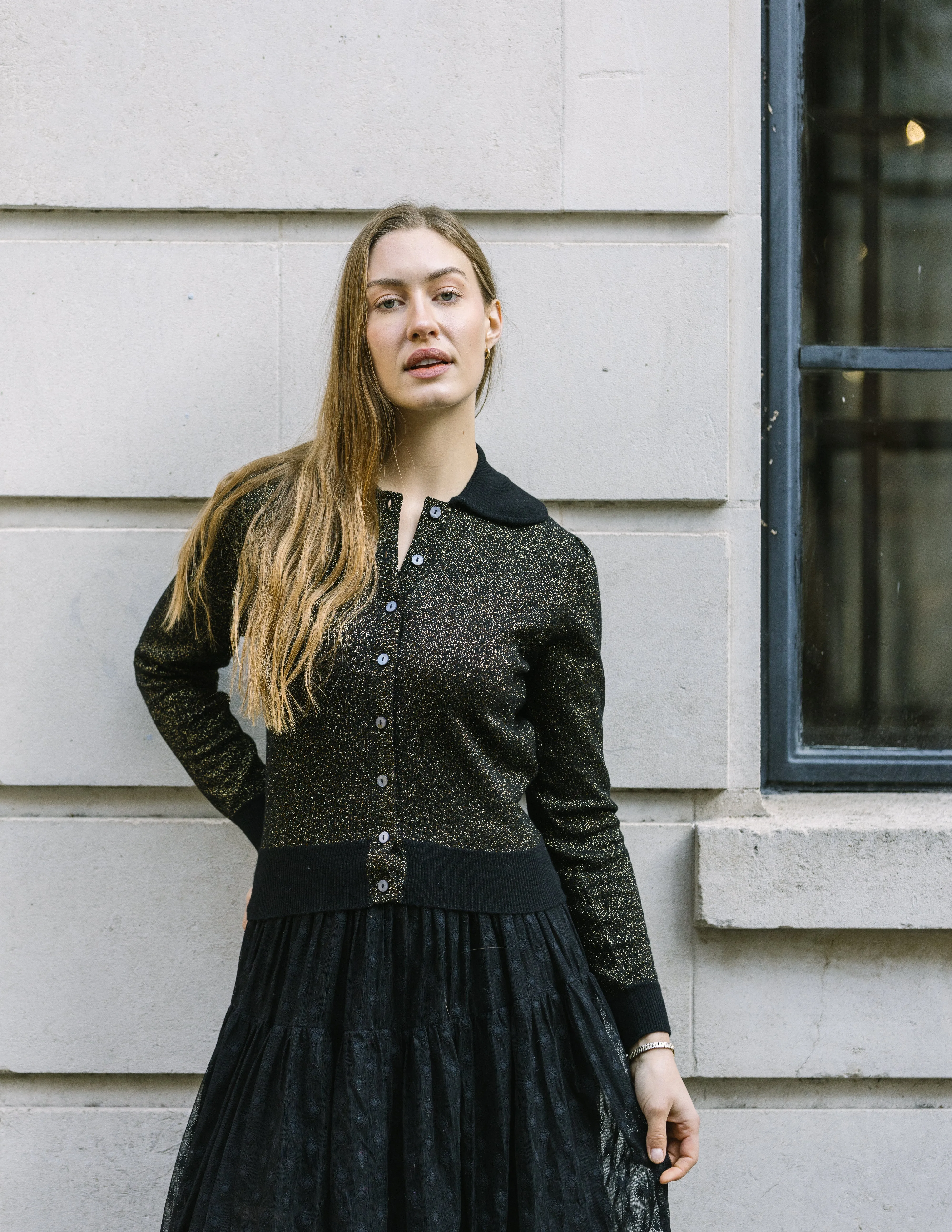 Cashmere Mix Lurex Cardigan with Collar Black / Gold sold by Mirla Beane product image thumbnail 4