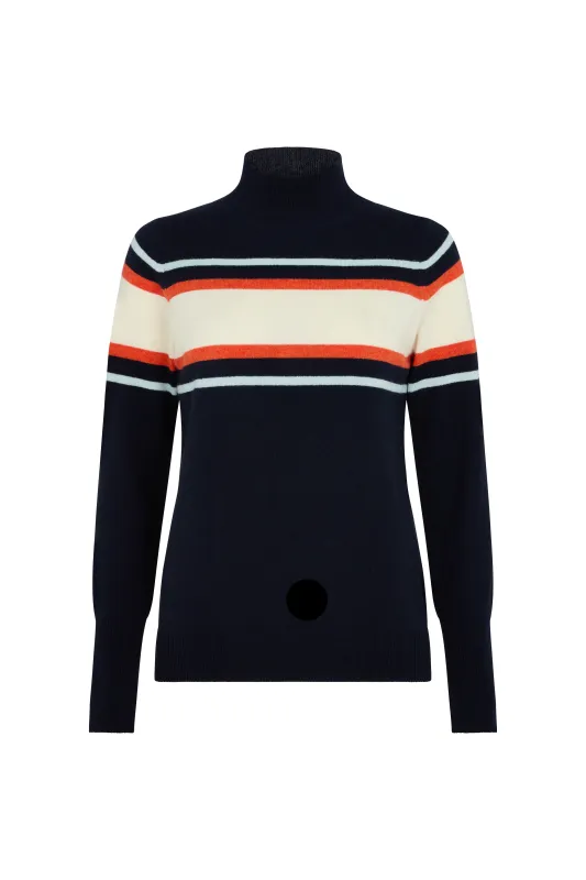 Cashmere Mix Navy, Orange and Cream Stripe High Neck Jumper sold by Mirla Beane