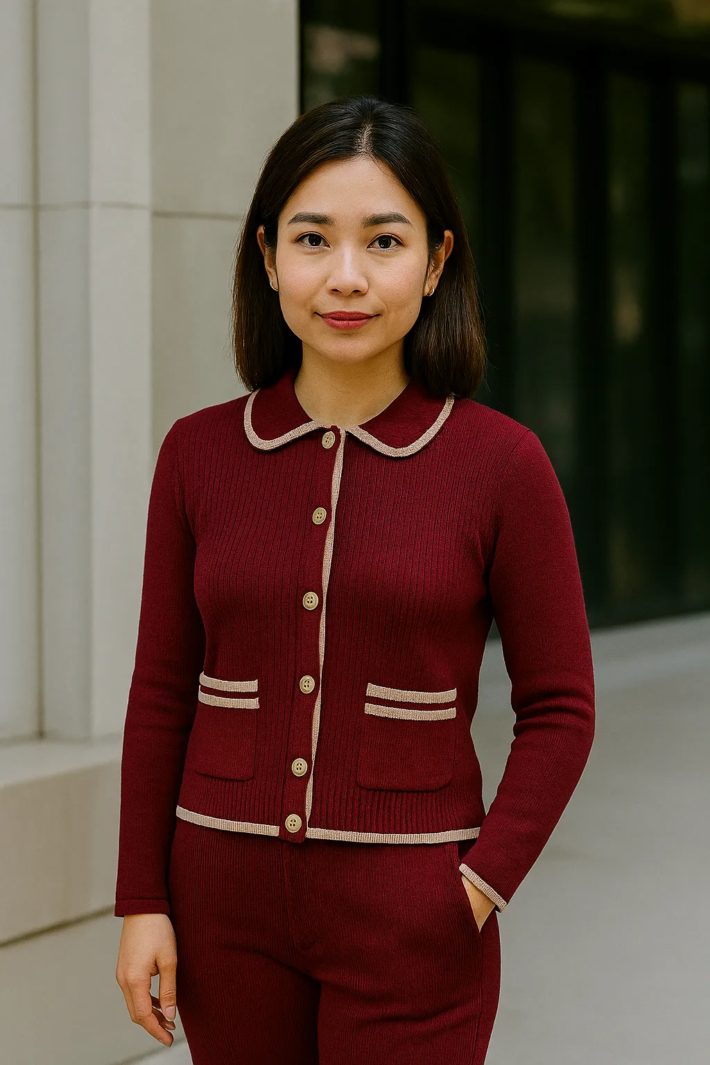 Cashmere Mix Cardigan with Collar Burgundy / Cream sold by Mirla Beane