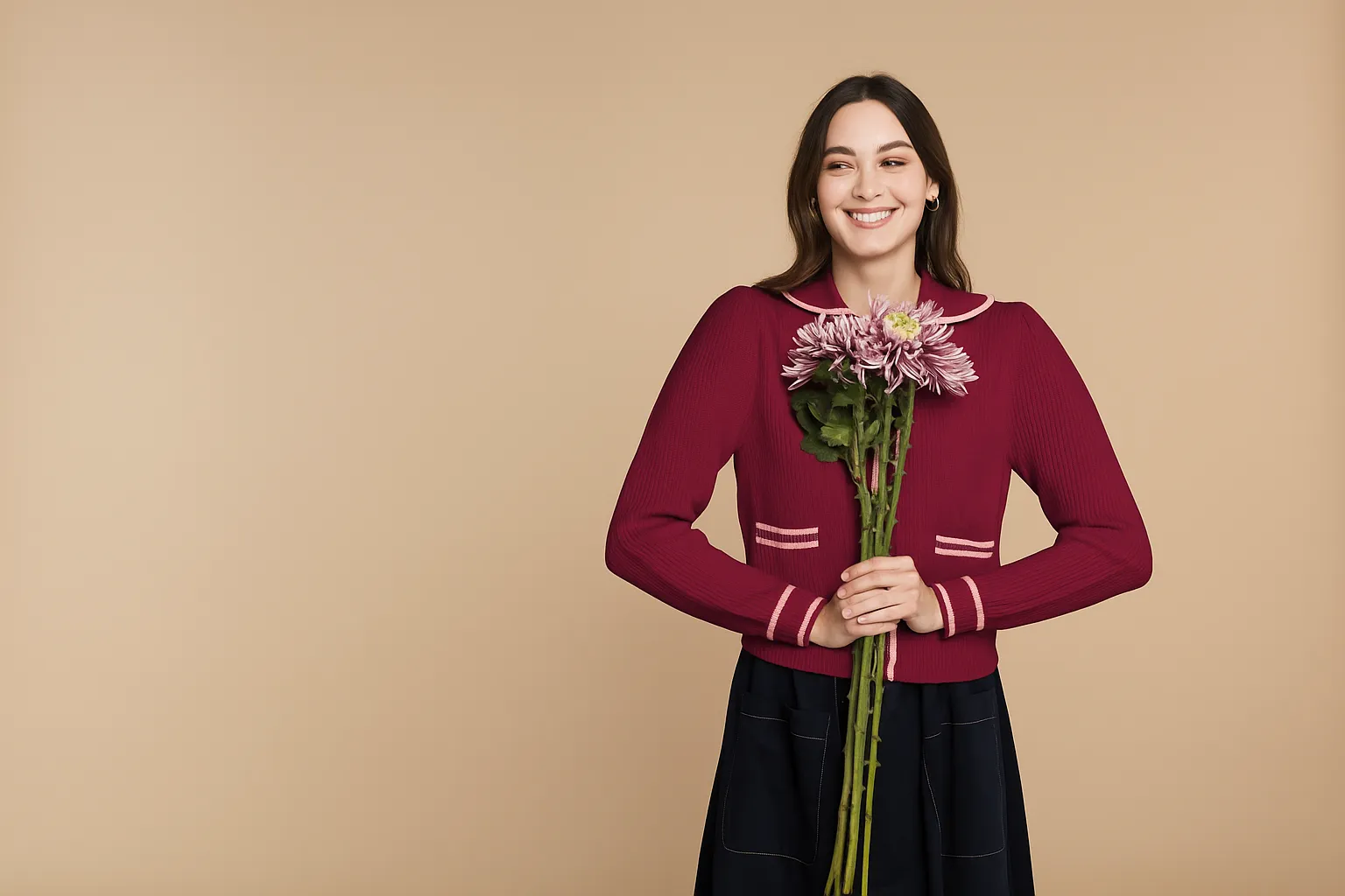 Cashmere Mix Cardigan with Collar Burgundy / Cream sold by Mirla Beane product image thumbnail 3