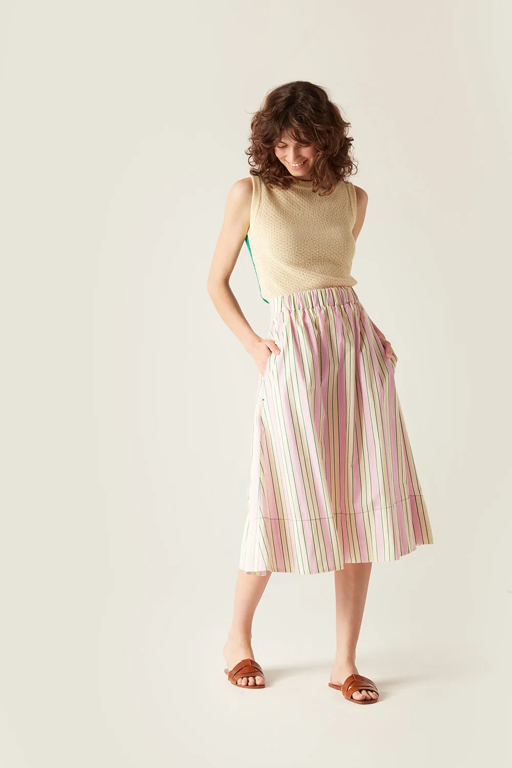 Niki Elasticated Waist Skirt Pink Stripe sold by Mirla Beane