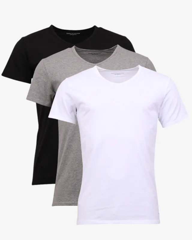 V-hals stræk t-shirt 3-pak - Sort / Grå / Hvid sold by Modish