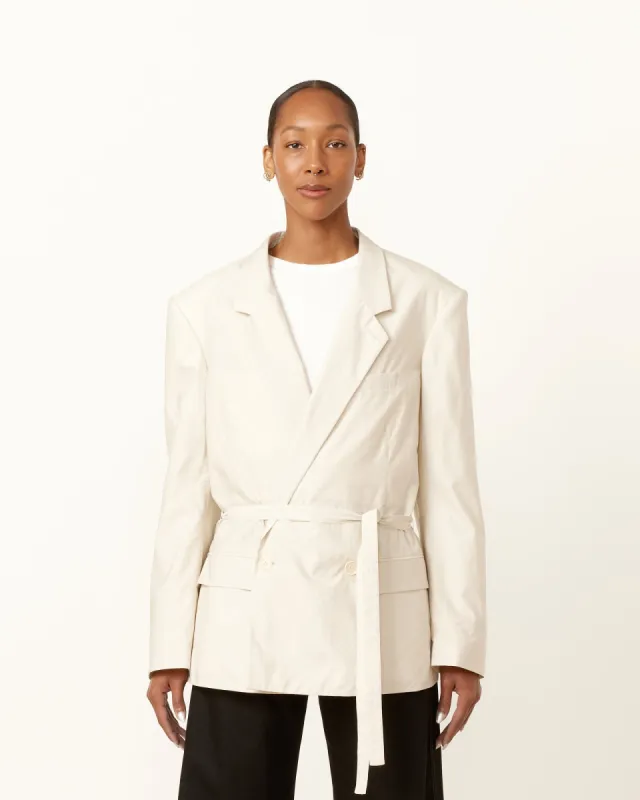 Belted Light Tailored Jacket in Pale Mastic sold by Mohawk General Store