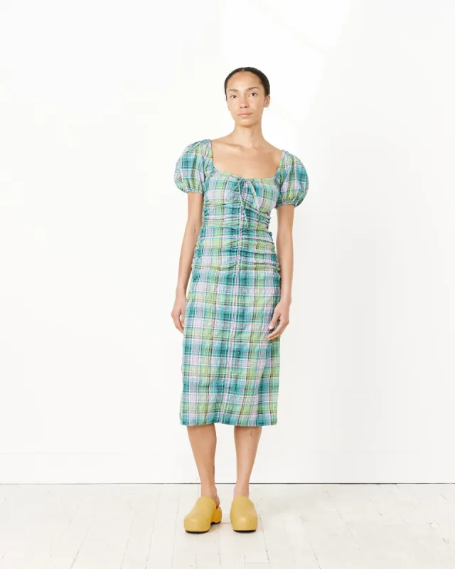 Seersucker Check Gathered U-Neck Midi Dress in Lagoon sold by Mohawk General Store