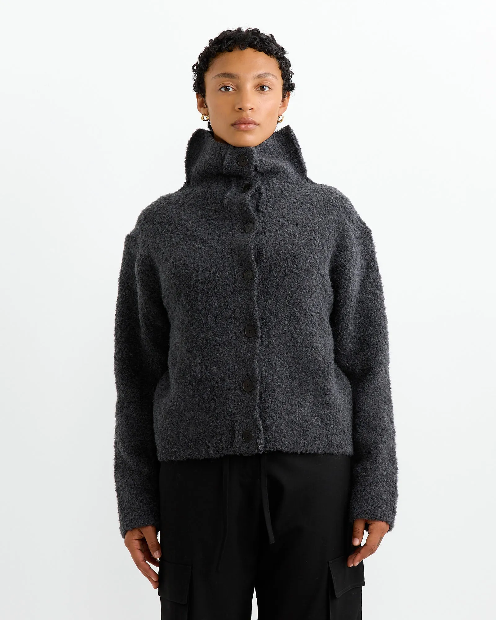 Spread Collar Boucle Cardigan in Charcoal sold by Mohawk General Store