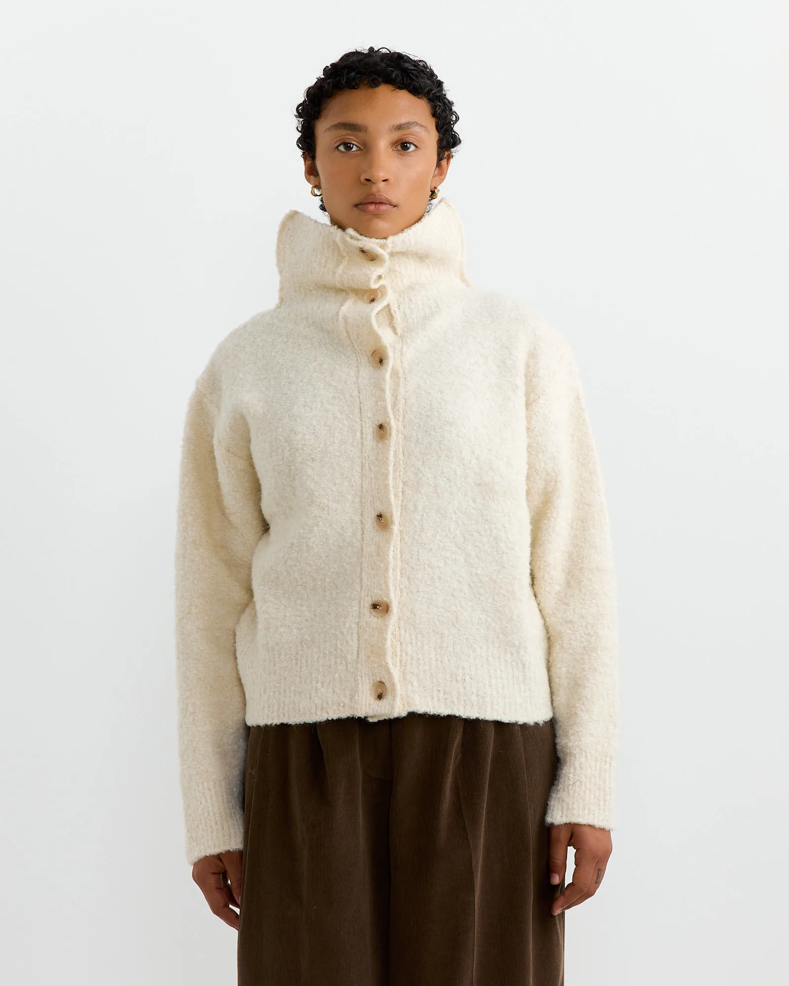 Spread Collar Boucle Cardigan in Cream sold by Mohawk General Store