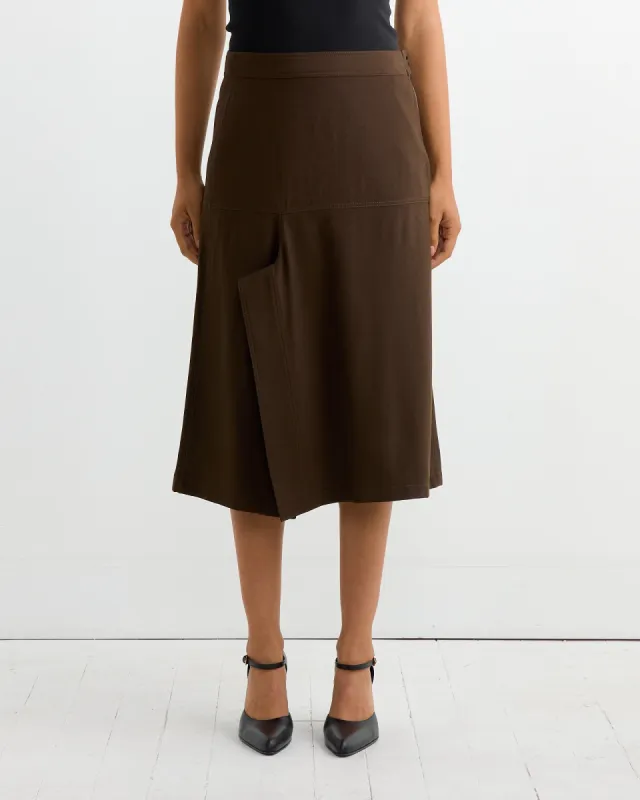 Asymmetrical Wrapover Skirt in Kobicha Brown made by Lemaire
