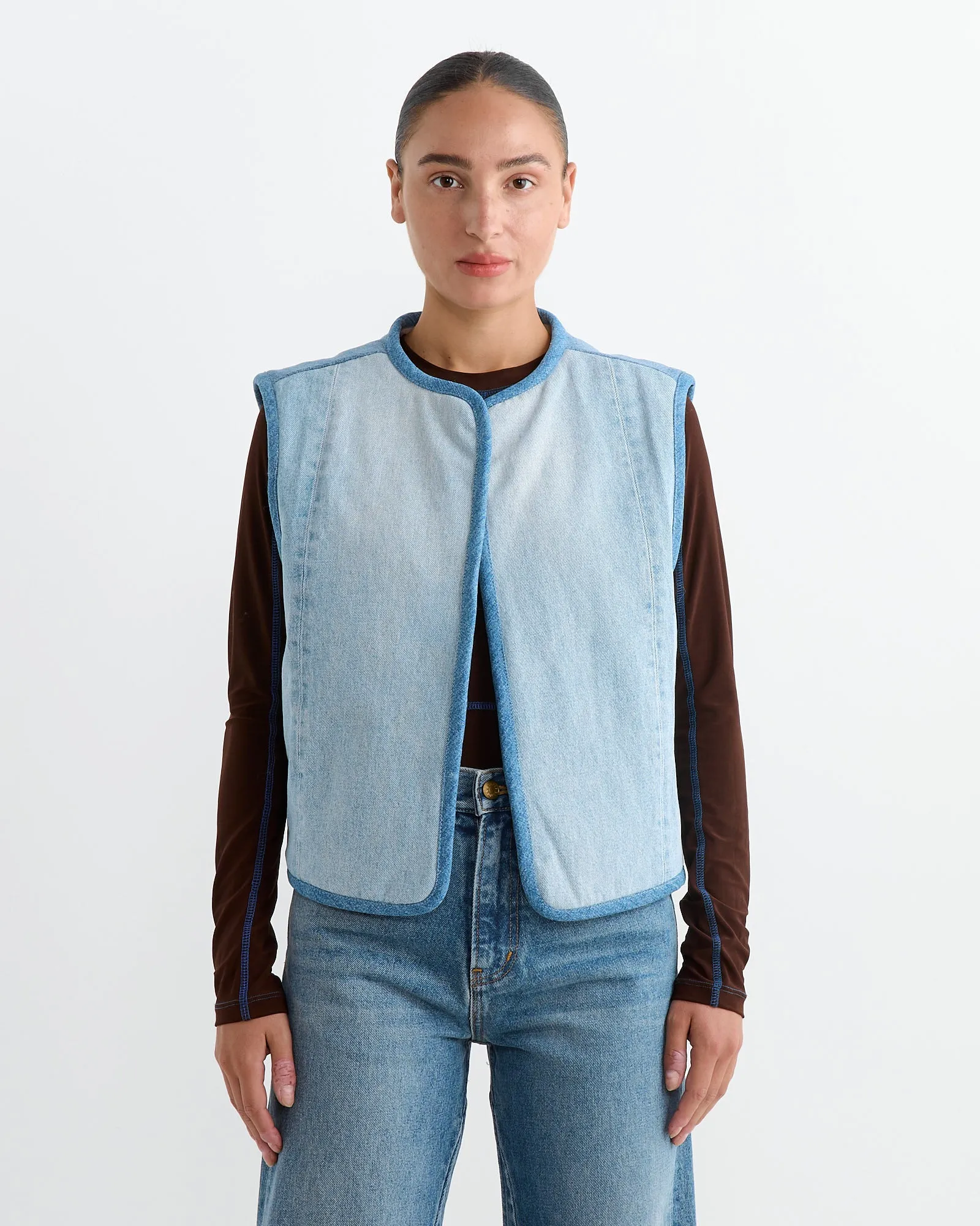 Reversible Rework Denim Sherpa Vest in Oatmeal sold by Mohawk General Store