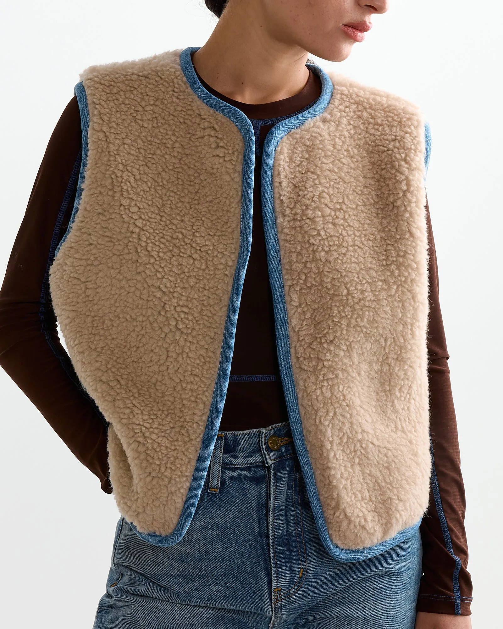 Reversible Rework Denim Sherpa Vest in Oatmeal sold by Mohawk General Store product image thumbnail 3