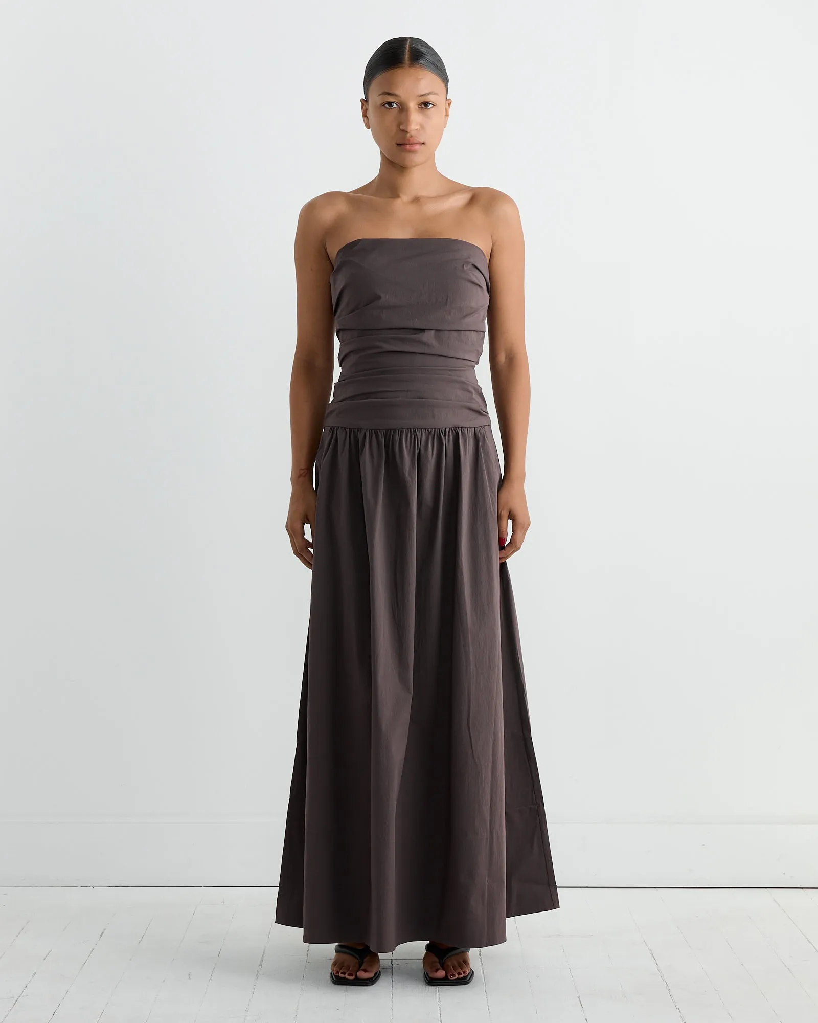 Gathered Strapless Tie Back Dress in Chocolate Plum sold by Mohawk General Store