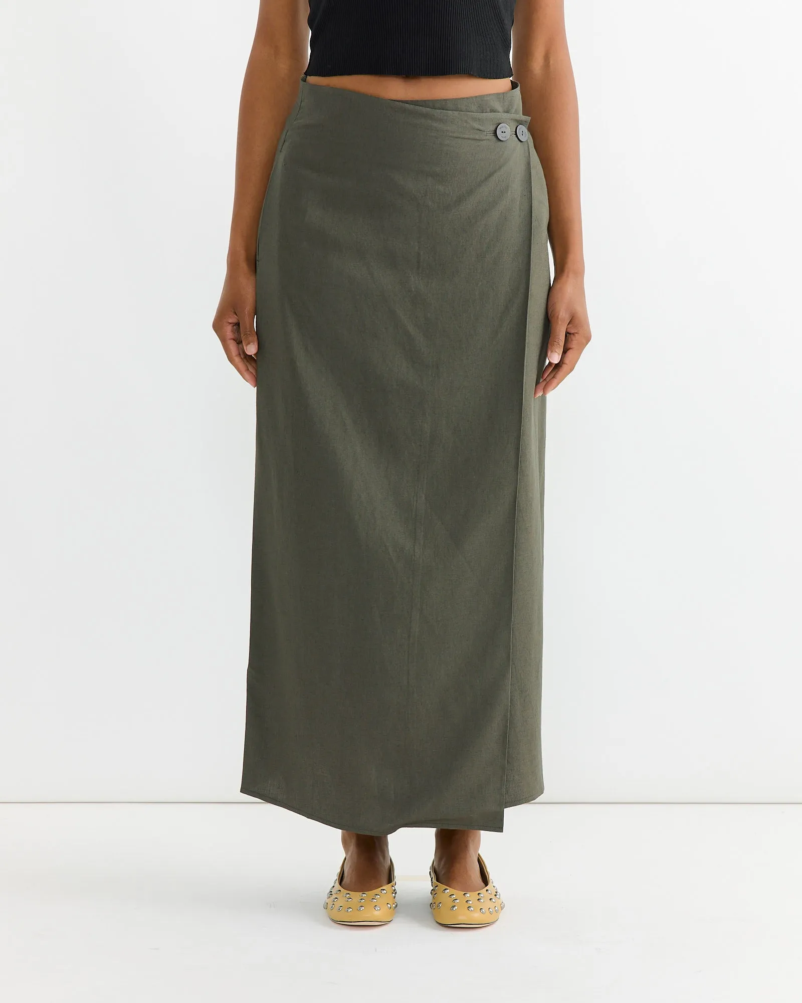 Linen Blend Maxi Wrap Skirt in Olive sold by Mohawk General Store