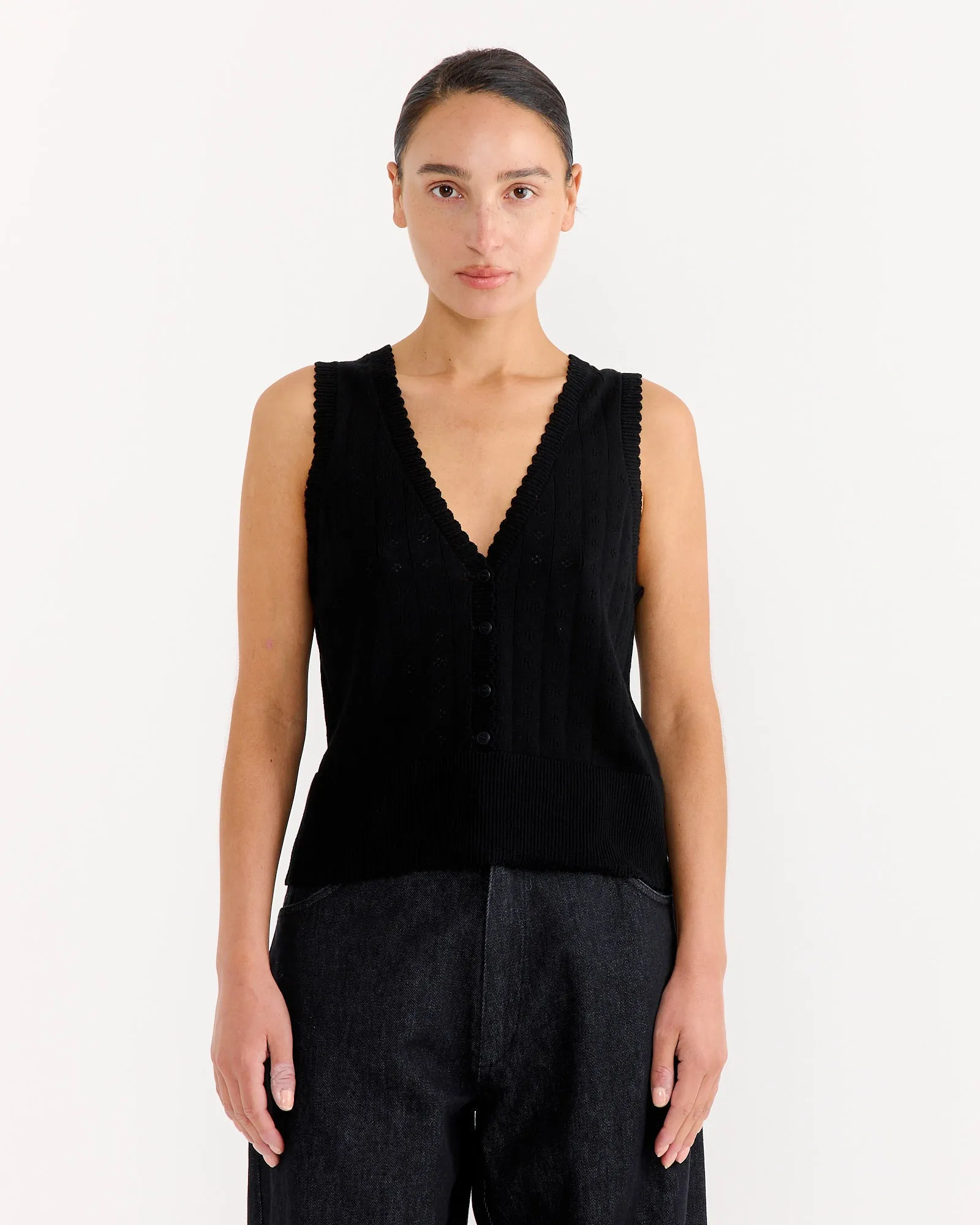 Organic Cotton Pointelle Waistcoat in Black sold by Mohawk General Store