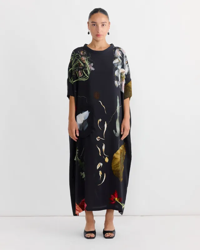 Silk Dress in Print C/Big Flowers/Black sold by Mohawk General Store