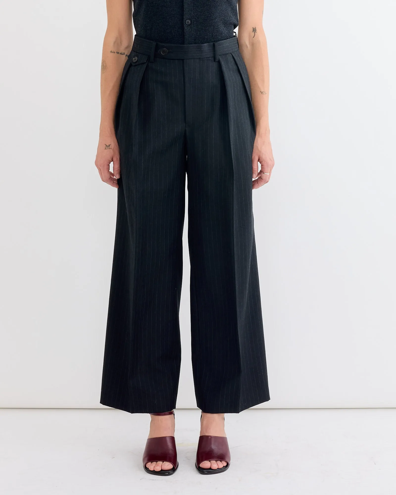 Bluefaced Two Tuck Slack in Charcoal Navy Stripe sold by Mohawk General Store