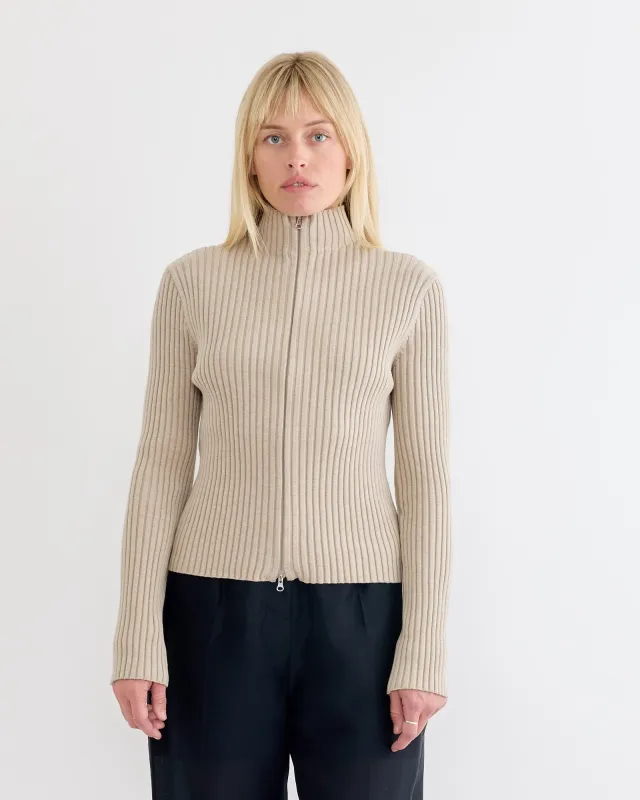 Ribbed High Neck Zip Up Cardigan in Beige sold by Mohawk General Store