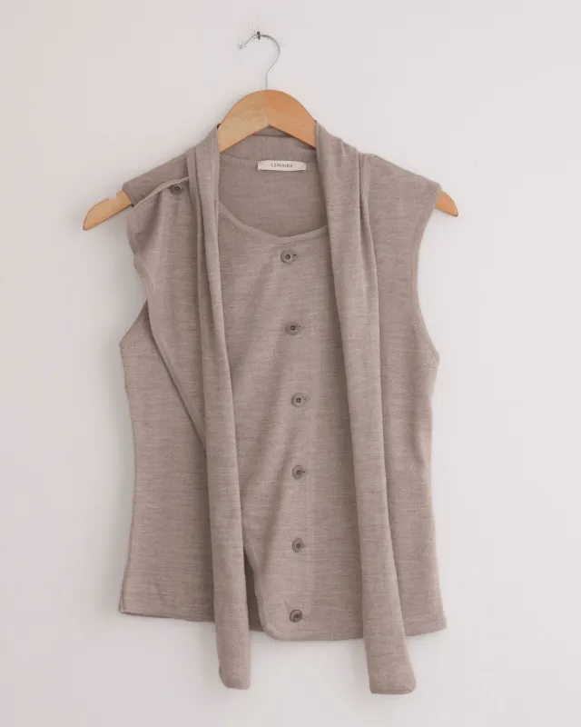 Asymmetrical Sleeveless Cardigan in Light Taupe sold by Mohawk General Store