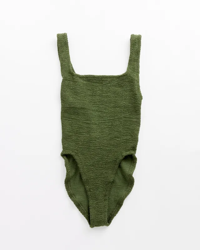Square Neck Swimsuit in Metallic Khaki made by Hunza G