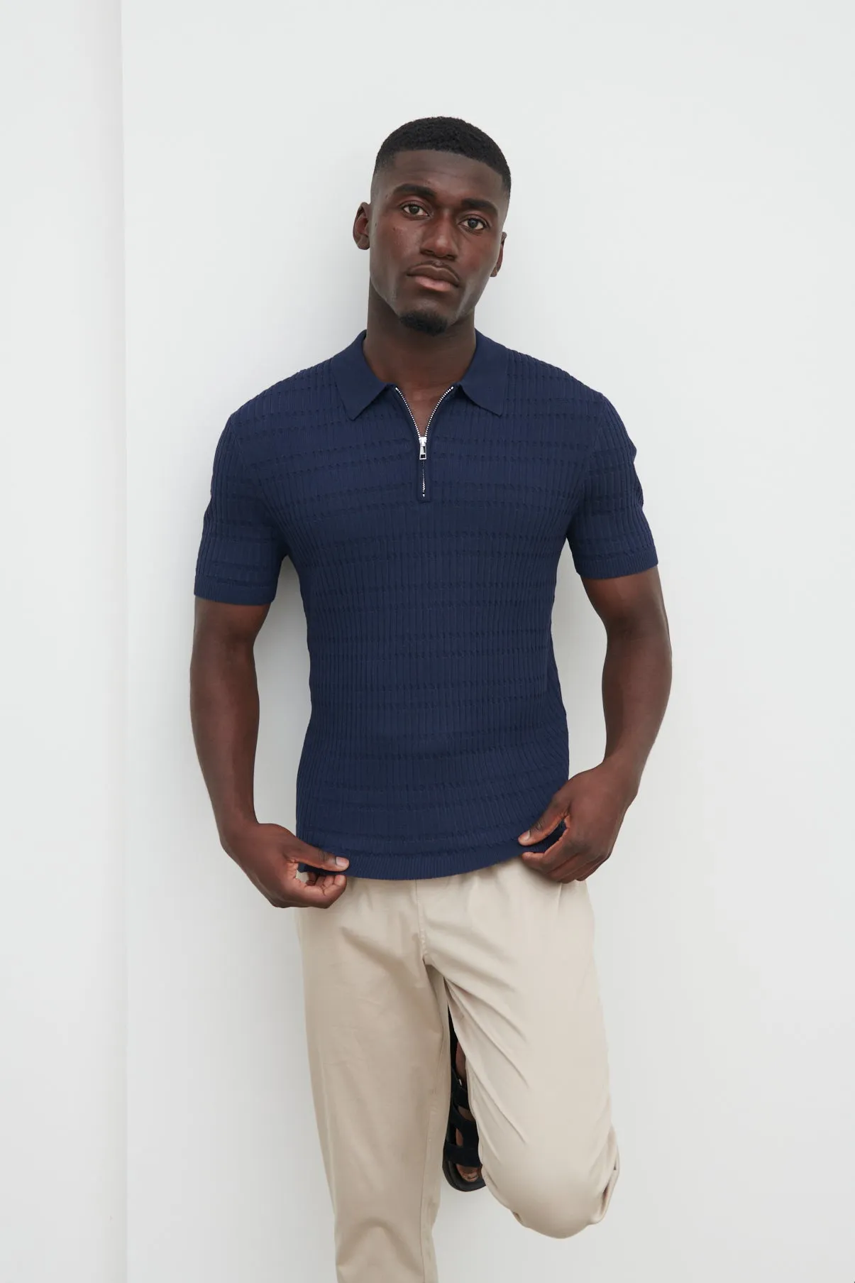 Oliver Zipped Knit Polo - Navy sold by NOBL