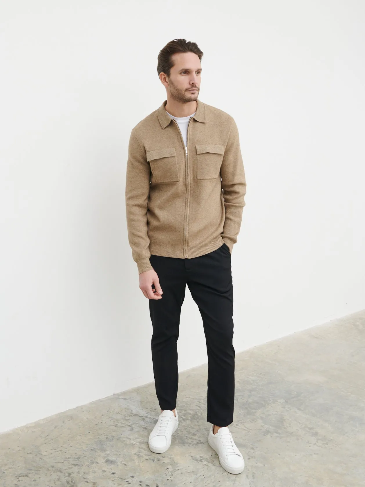 Brett Collared Knit Jacket - Beige Marl sold by NOBL