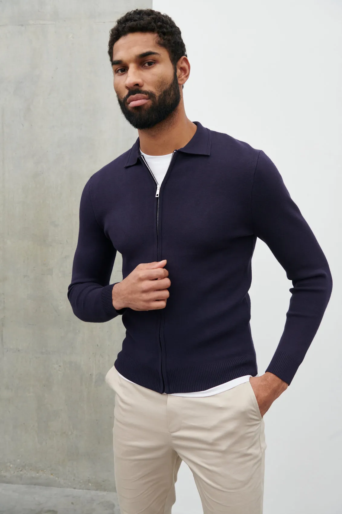 Otis Collared Knit Jacket - Navy sold by NOBL