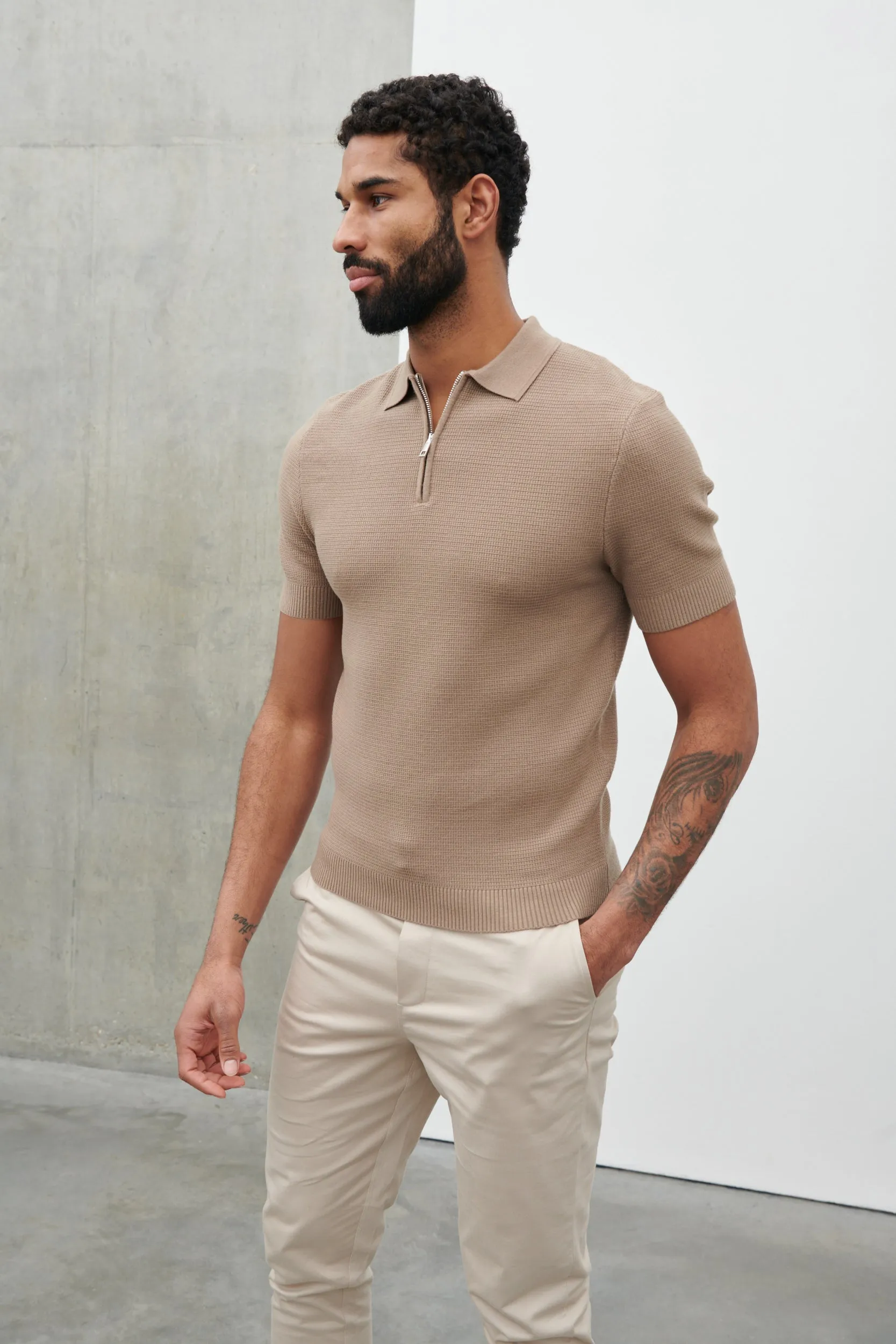 Nolan Textured Zip Polo - Taupe sold by NOBL product image thumbnail 4