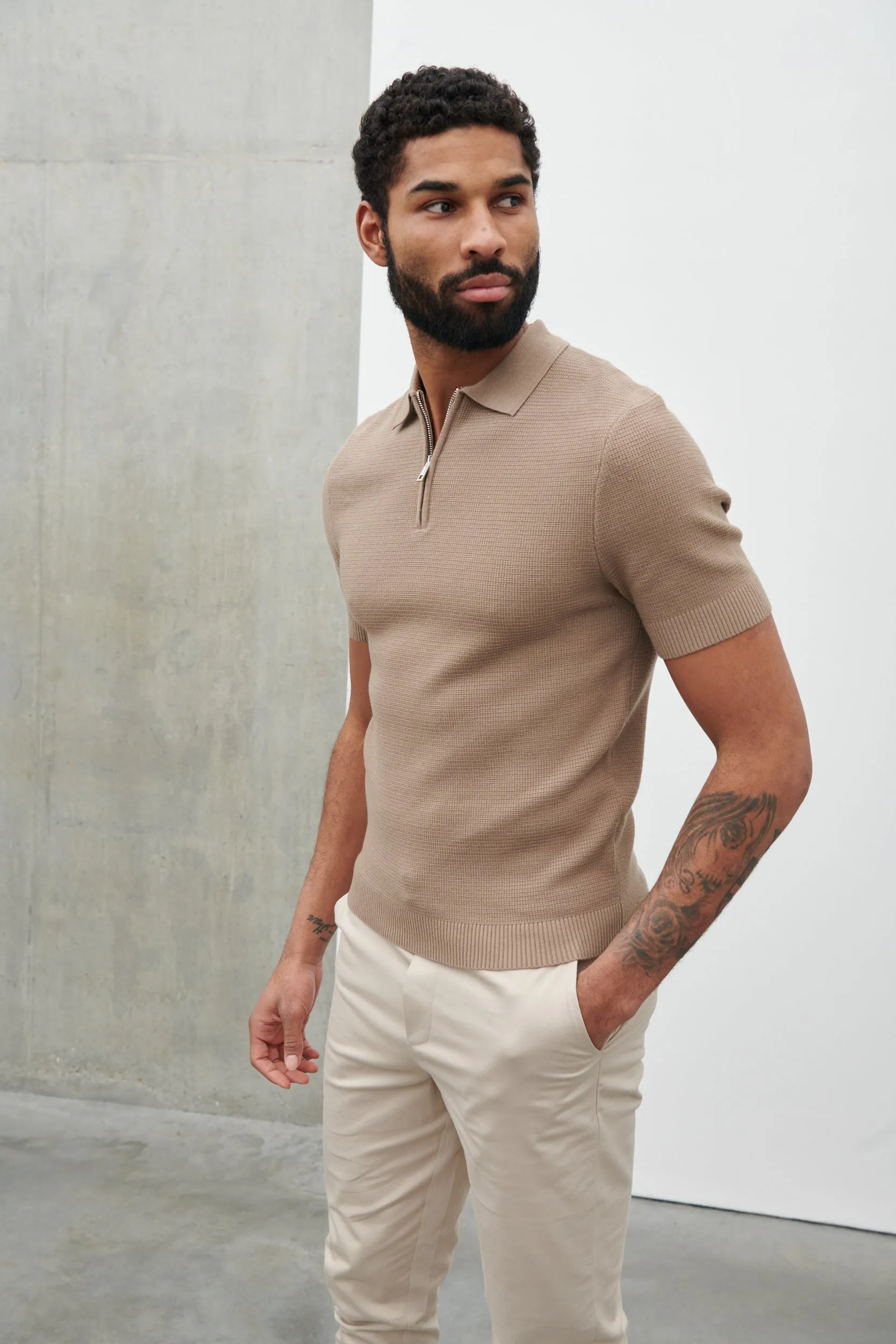 Nolan Textured Zip Polo - Taupe sold by NOBL