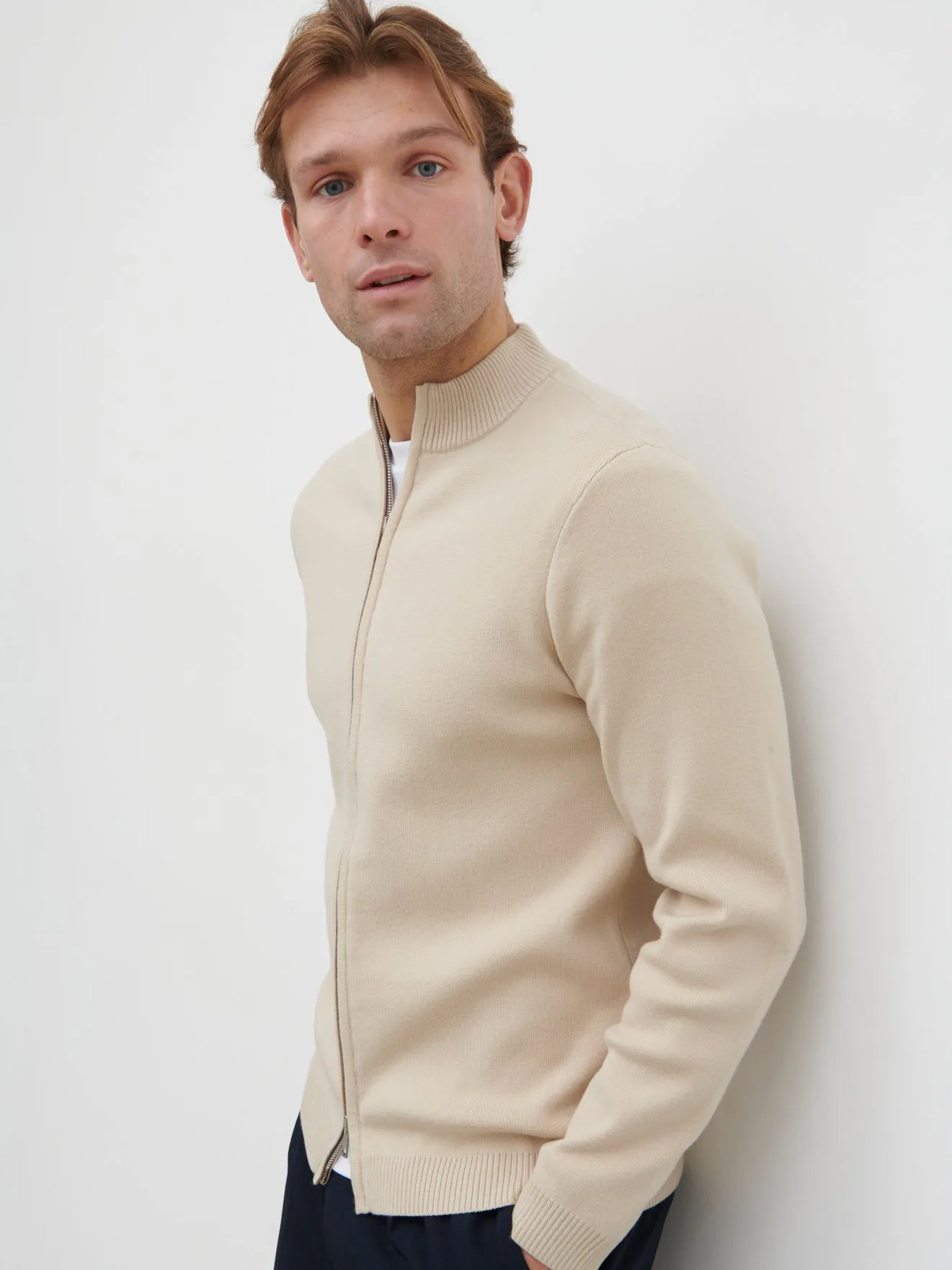 Cayden Funnel Neck Zip Knit Jacket - Stone sold by NOBL