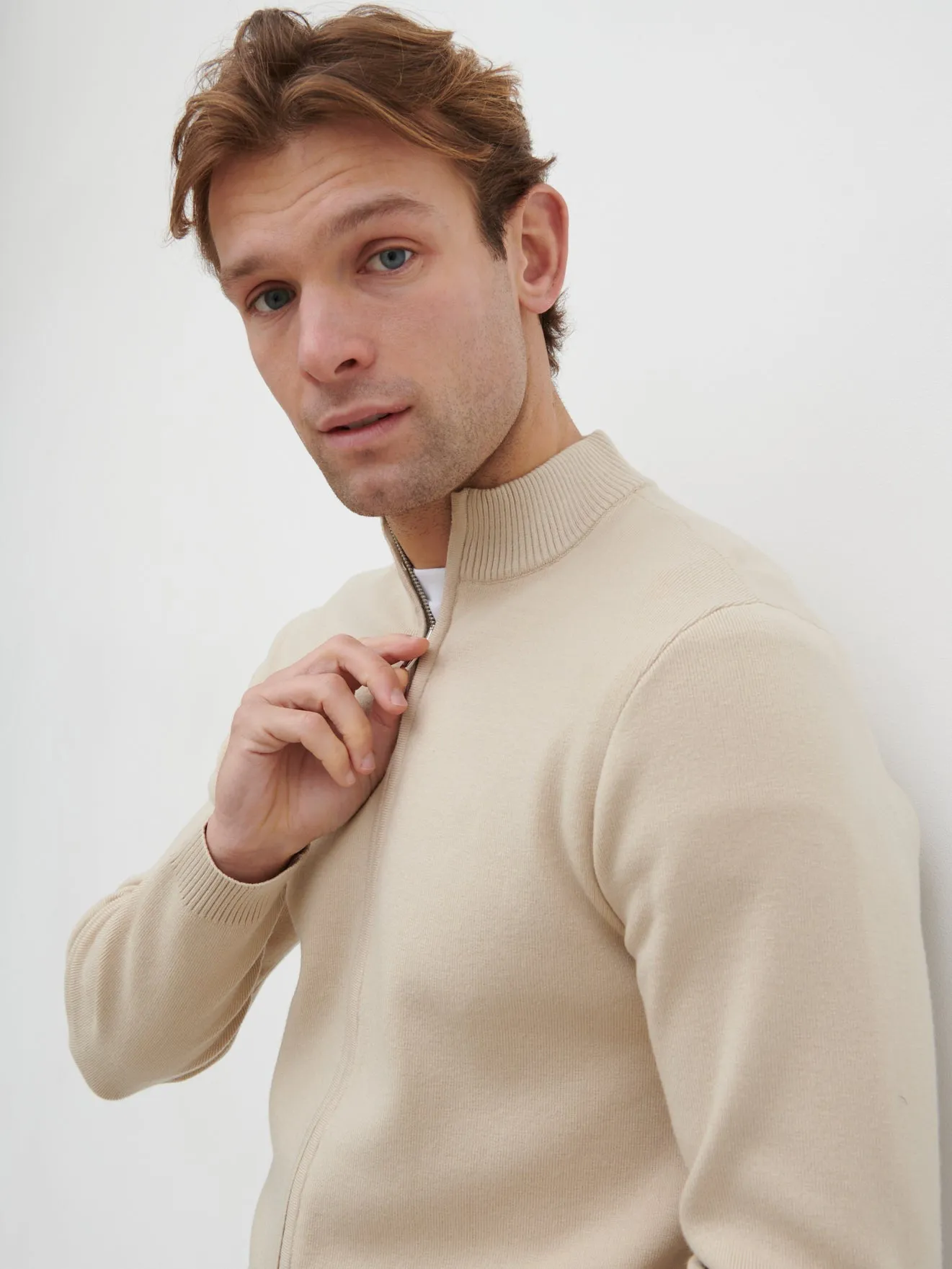 Cayden Funnel Neck Zip Knit Jacket - Stone sold by NOBL product image thumbnail 3