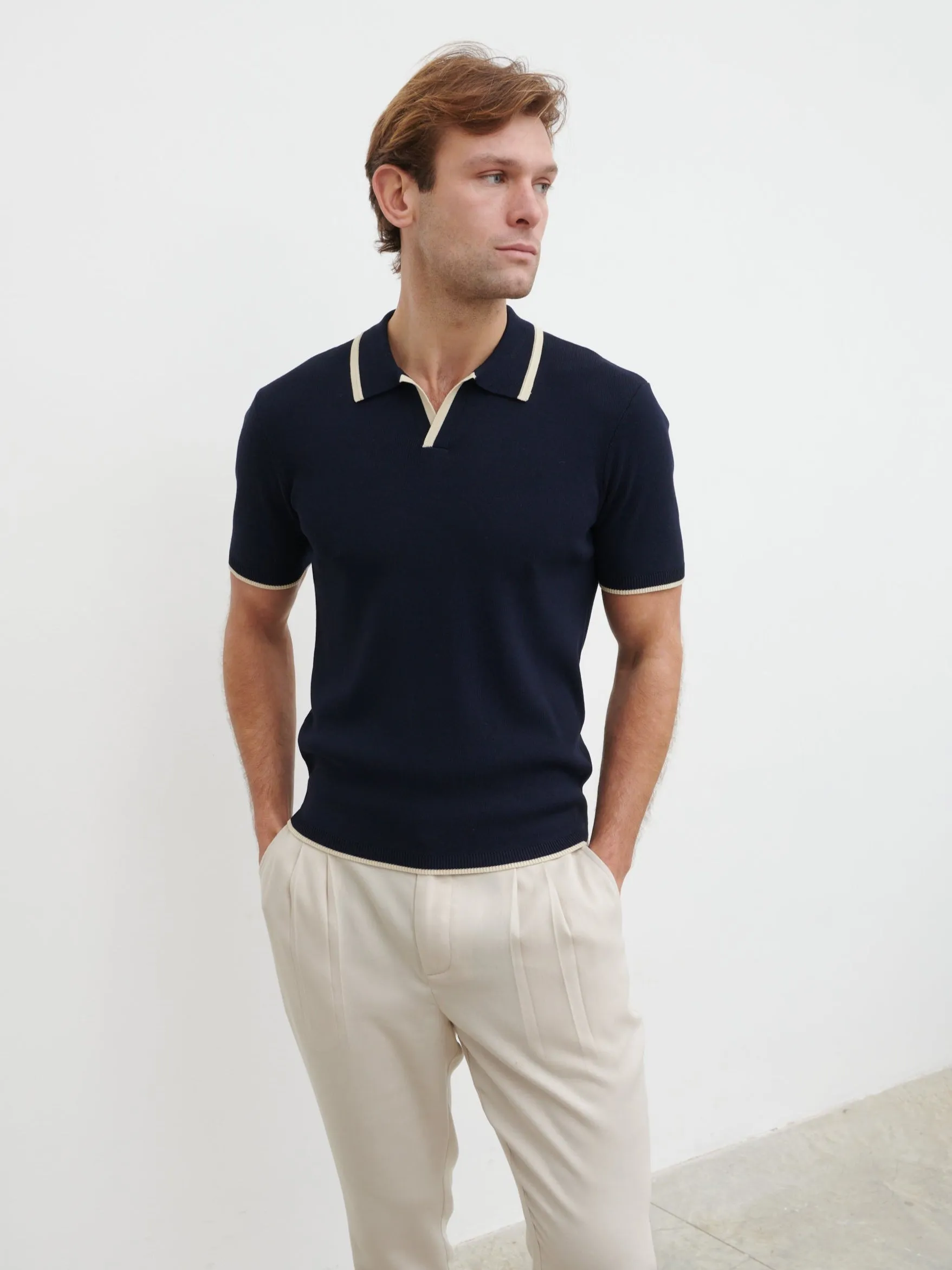 Sebastian Contrast Knit Polo - Navy and Cream sold by NOBL