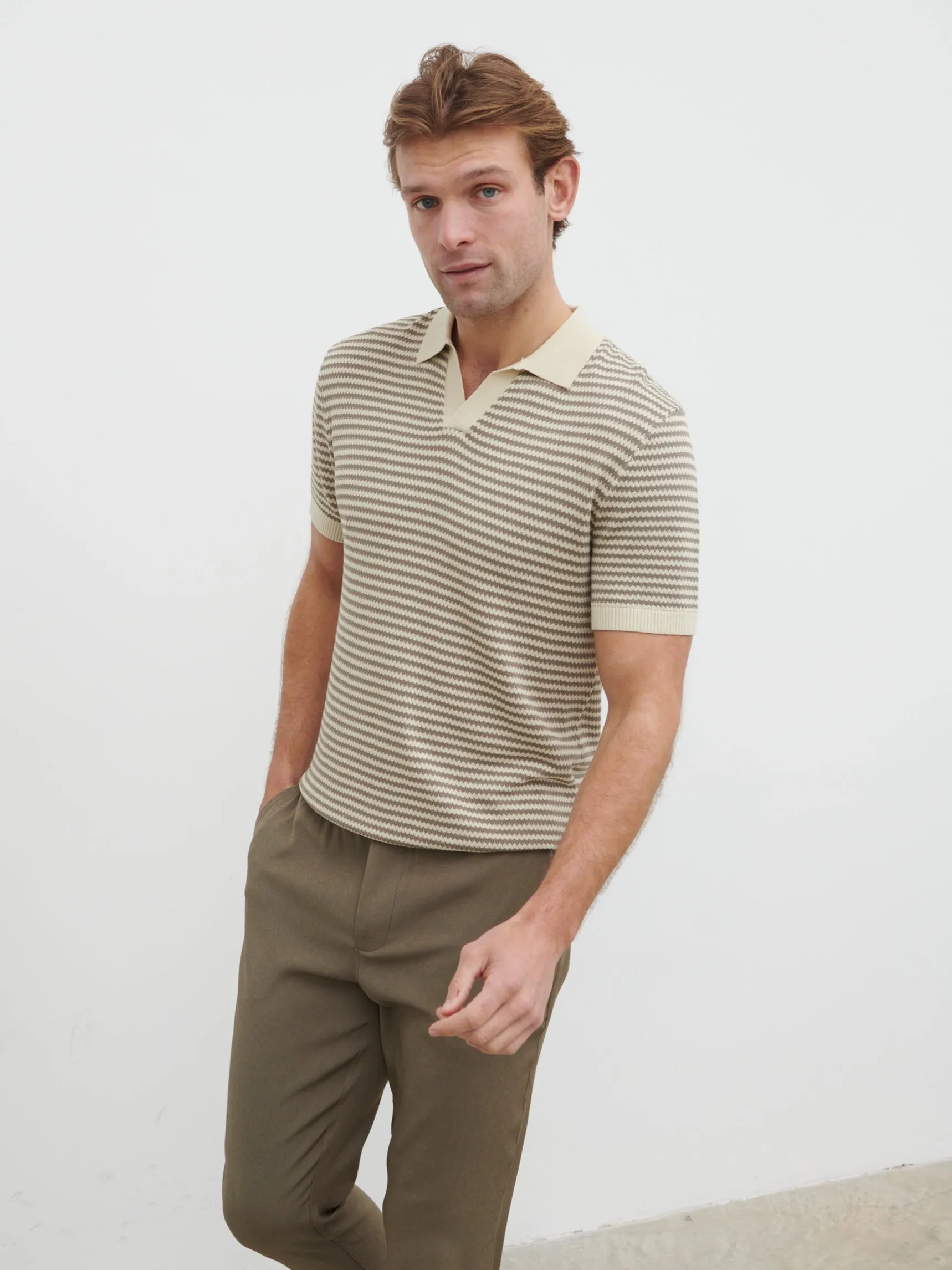 Jacob Stripe Knit Polo - Taupe and Cream sold by NOBL