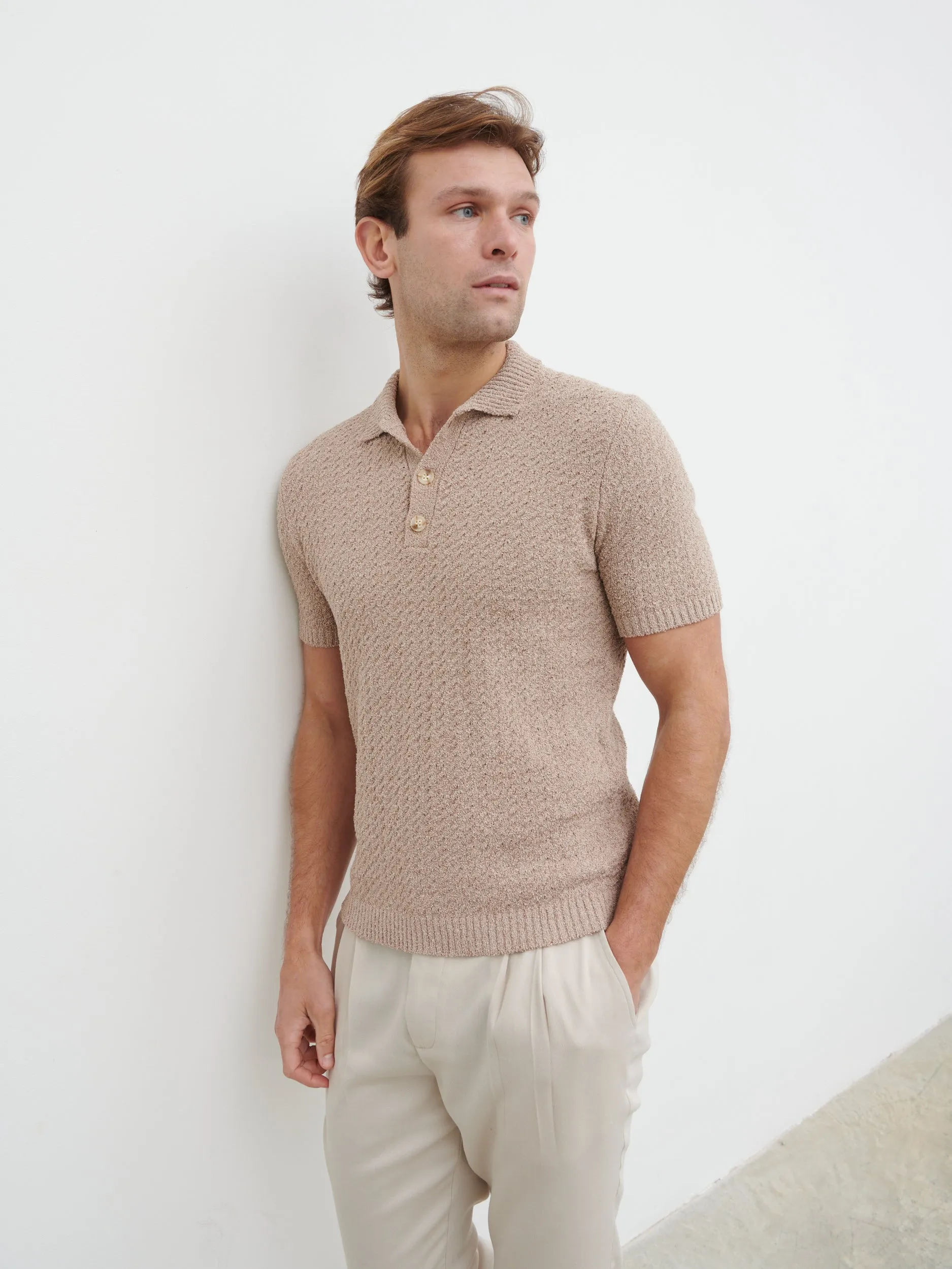 Leonardo Textured Cable Knit Polo - Taupe sold by NOBL product image thumbnail 4