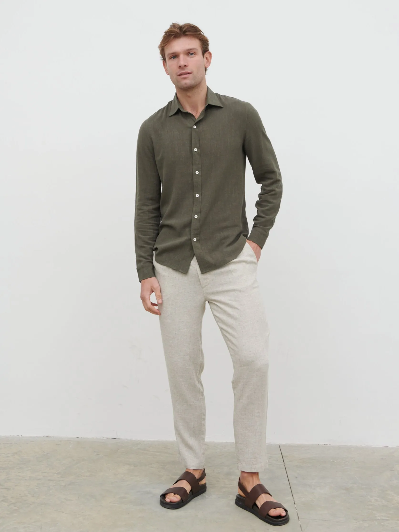 Rafe Long Sleeve Linen Shirt - Dark Khaki sold by NOBL