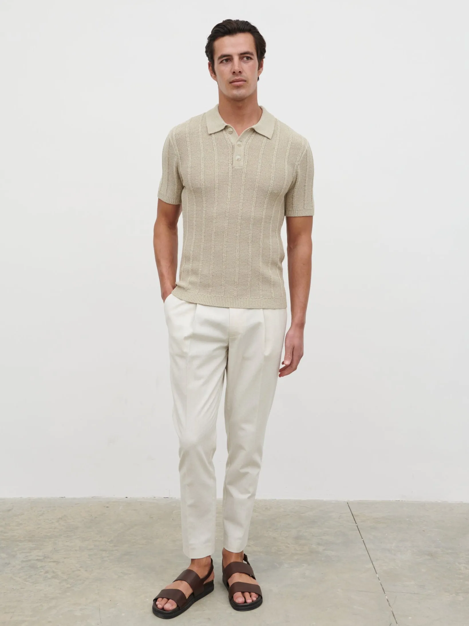 Wesley Fine Tape Stripe Knit Polo - Beige sold by NOBL product image thumbnail 5