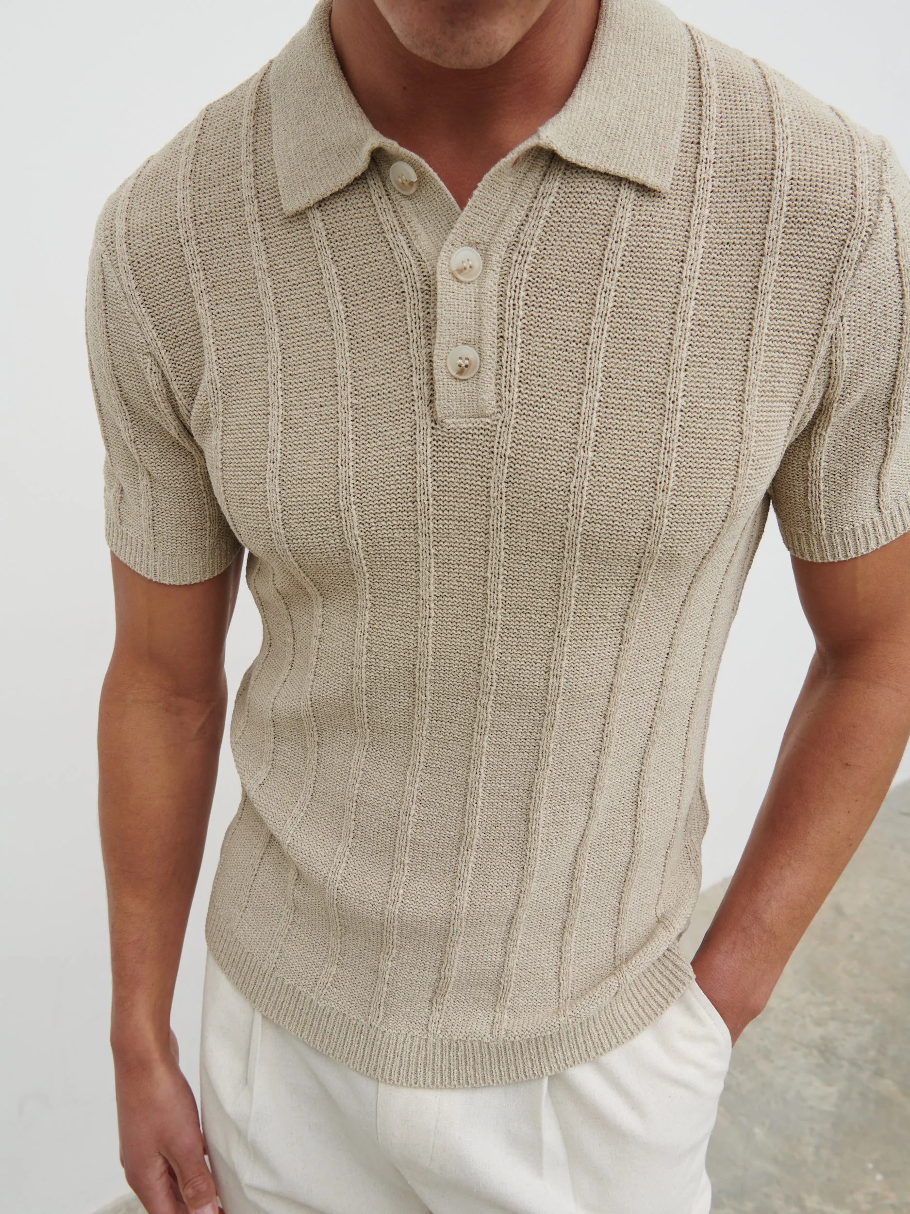 Wesley Fine Tape Stripe Knit Polo - Beige sold by NOBL
