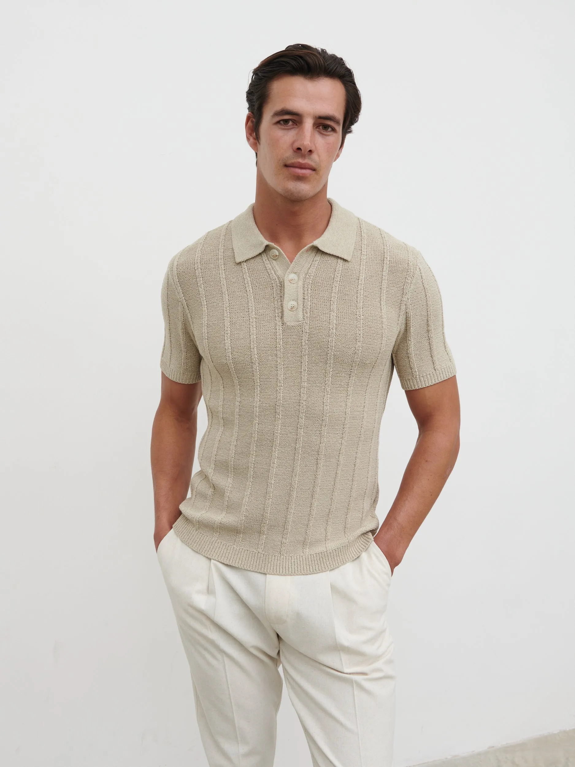 Wesley Fine Tape Stripe Knit Polo - Beige sold by NOBL product image thumbnail 3