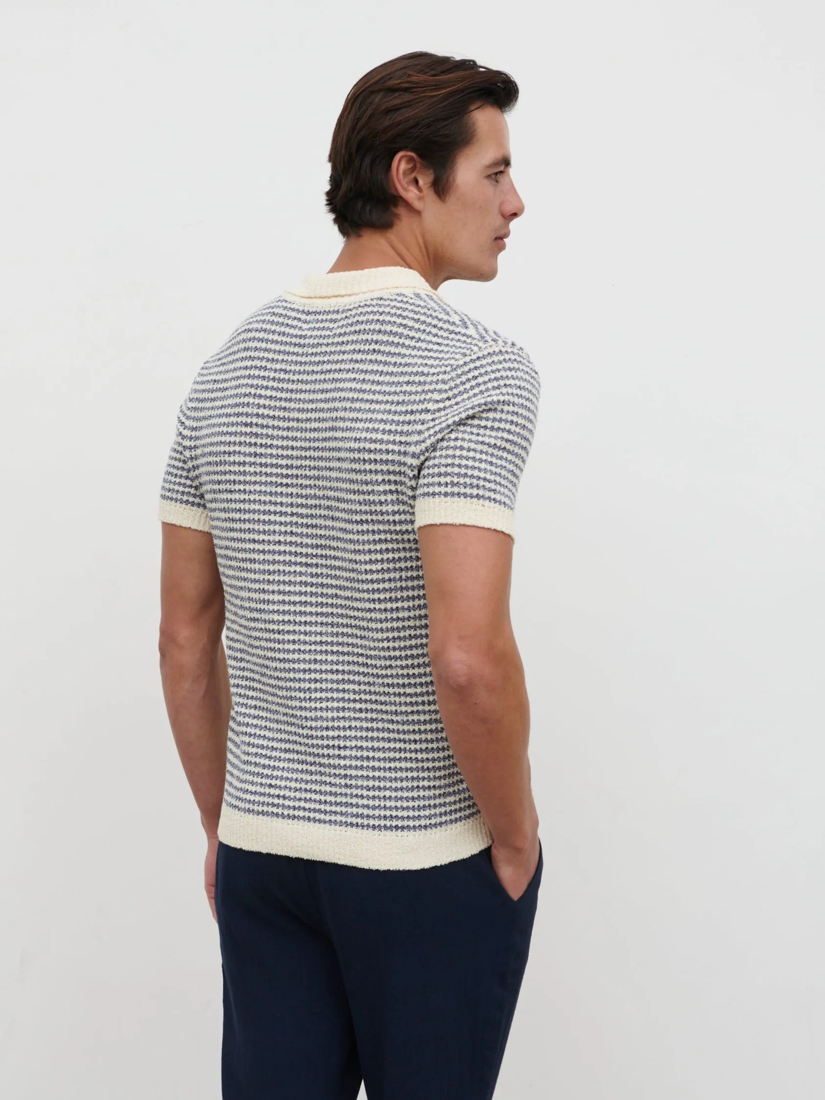 Myles Stripe Crochet Knit Polo - Blue & Cream sold by NOBL product image thumbnail 4