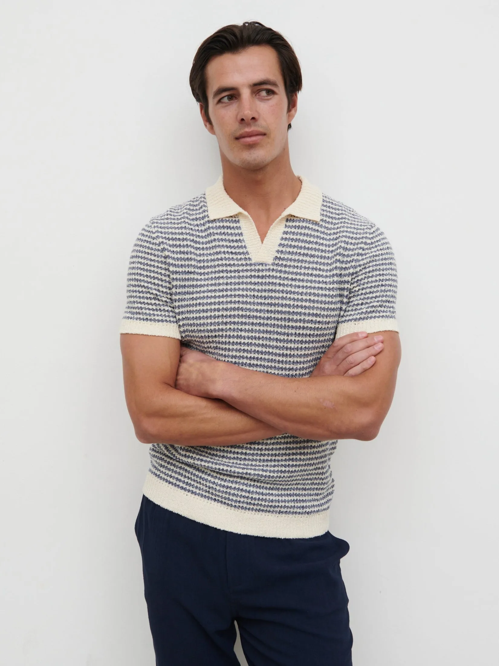 Myles Stripe Crochet Knit Polo - Blue & Cream sold by NOBL product image thumbnail 5