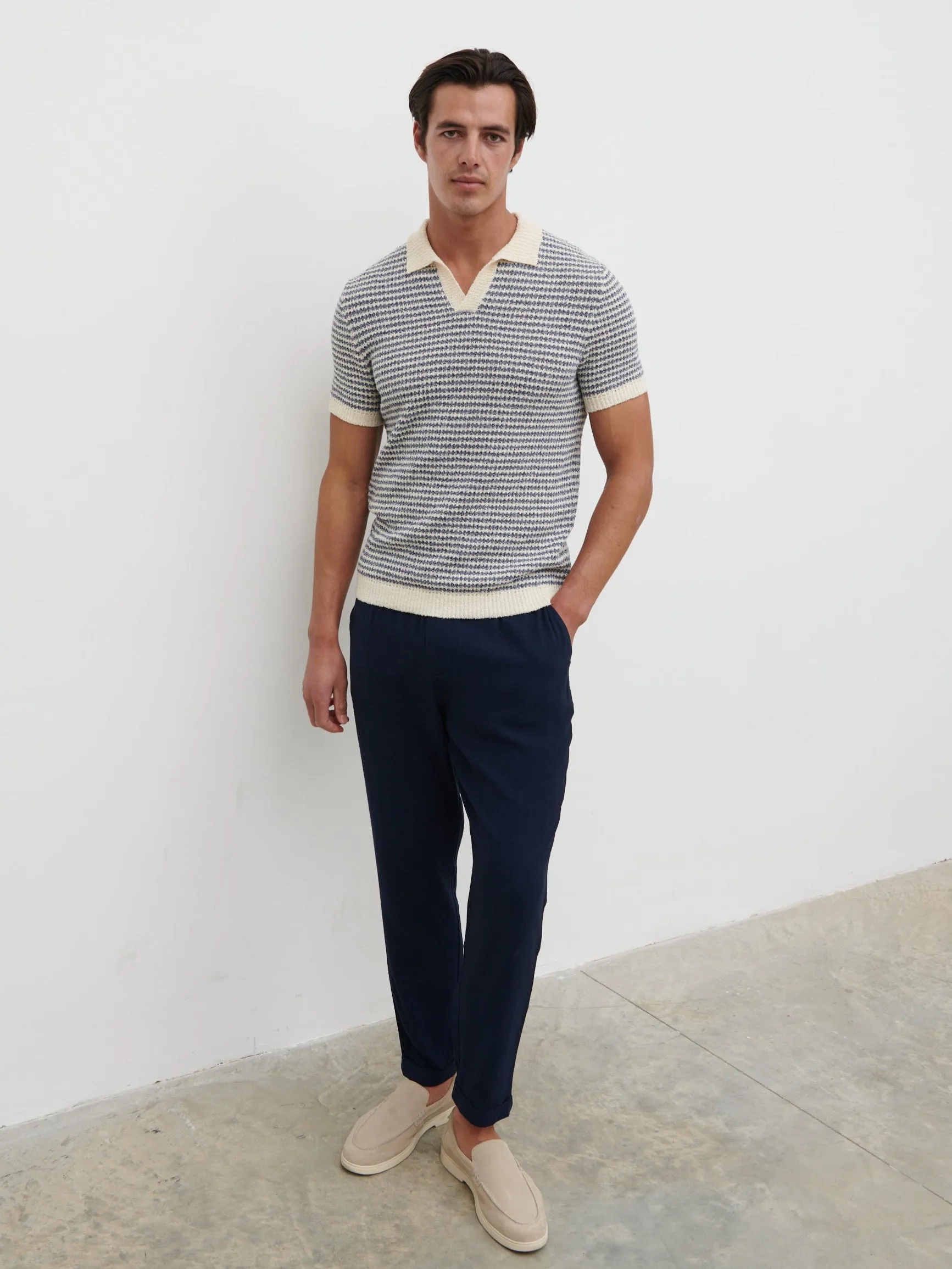 Myles Stripe Crochet Knit Polo - Blue & Cream sold by NOBL