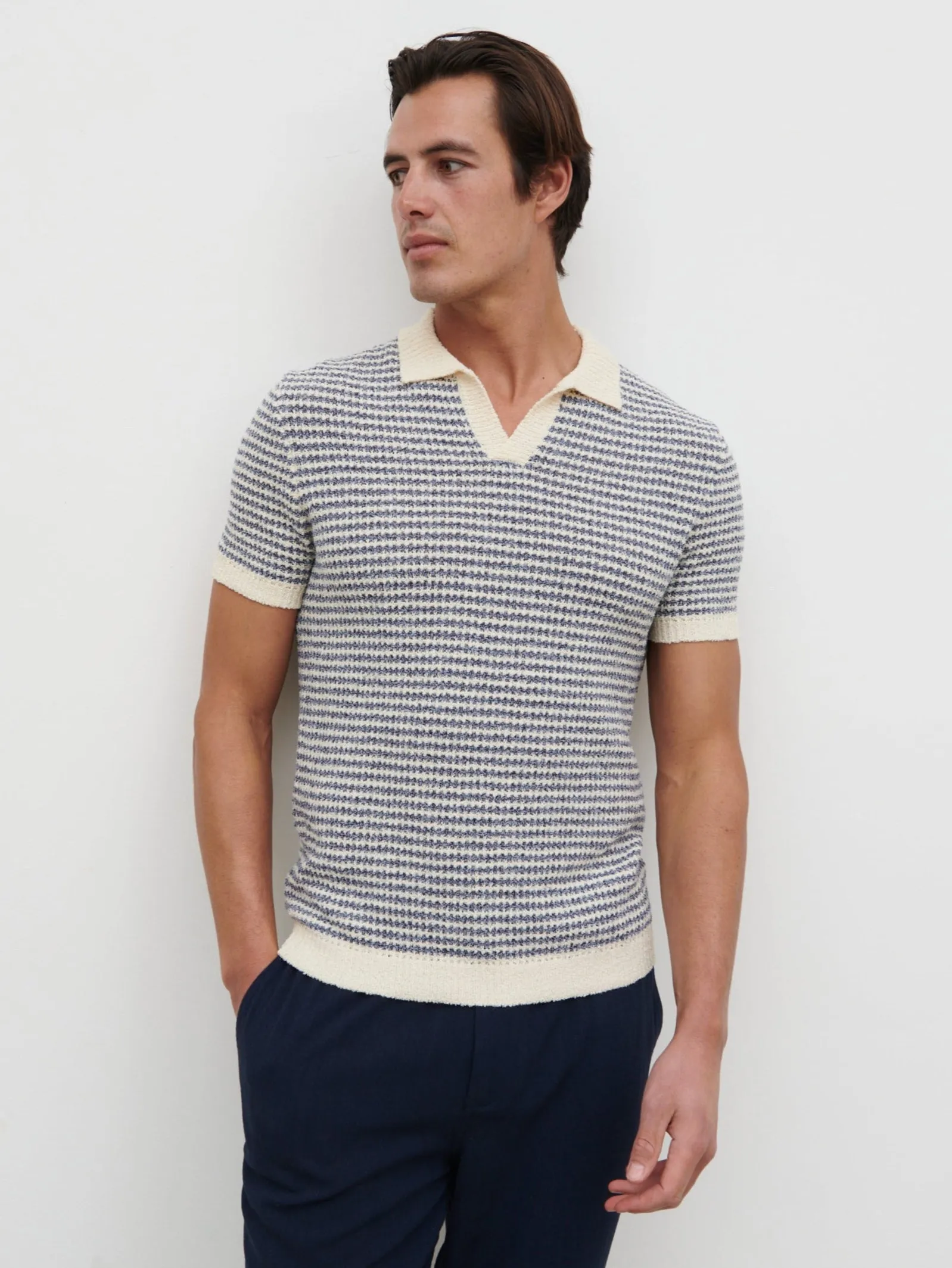 Myles Stripe Crochet Knit Polo - Blue & Cream sold by NOBL product image thumbnail 2