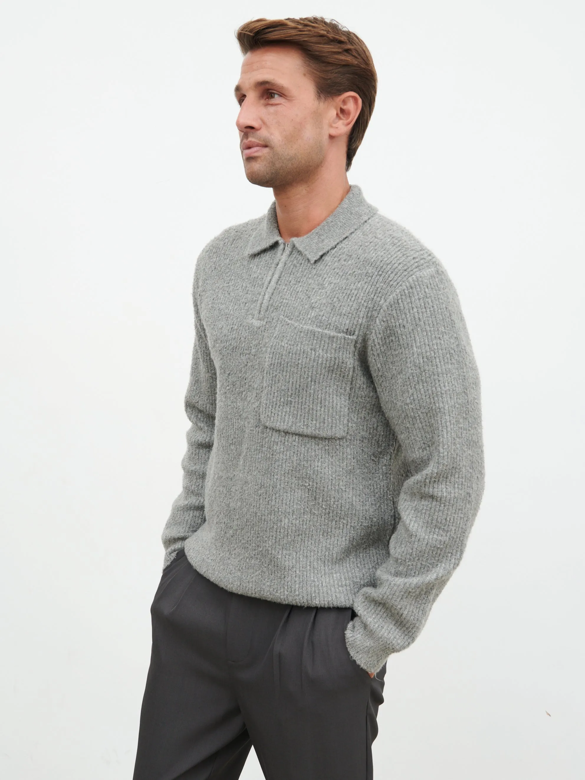 Henley Boucle Knit Zip Jumper - Charcoal sold by NOBL